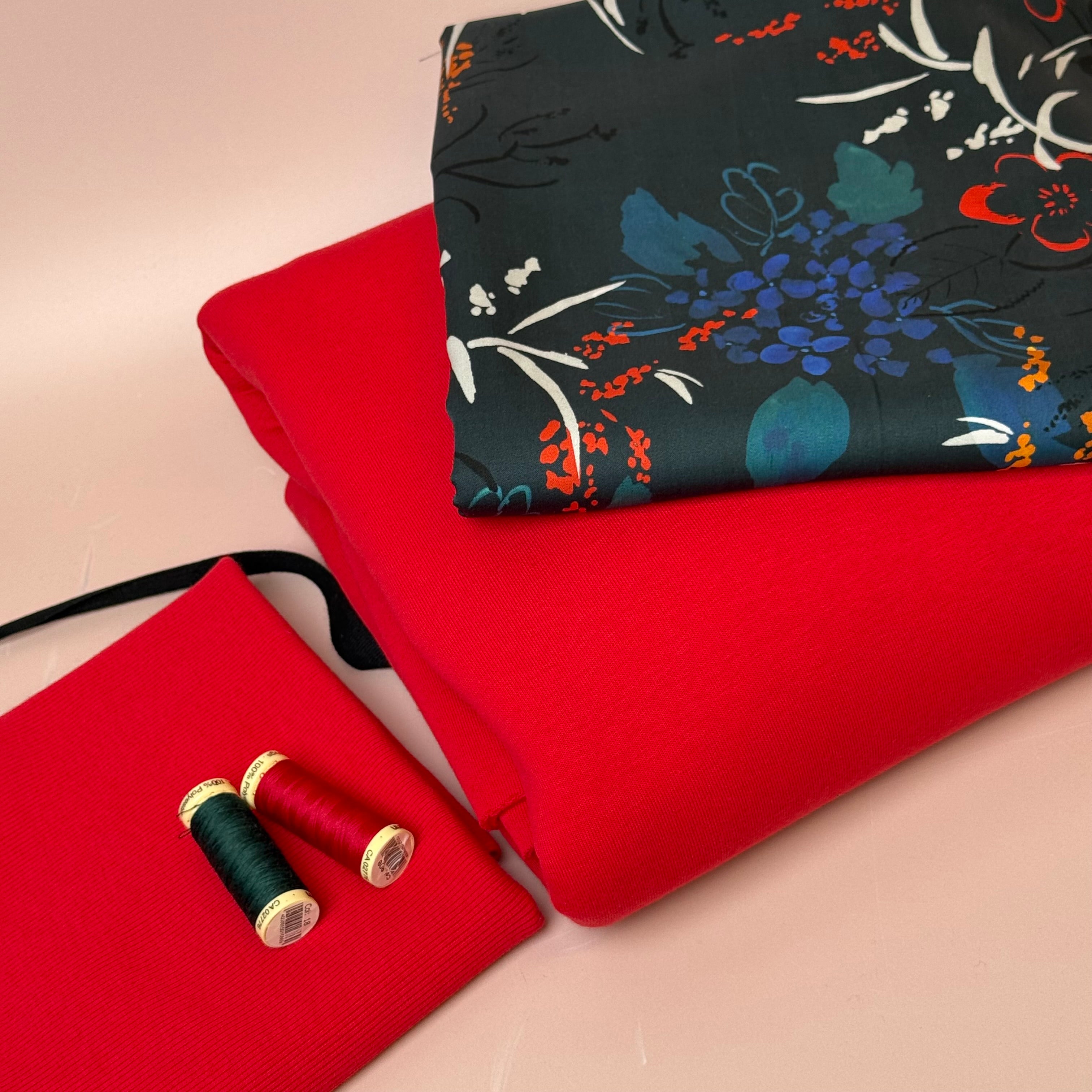 Make an Outfit Colour Bundle - Midnight Blooms Tencel Sateen & Sweatshirting in Red with Ribbing