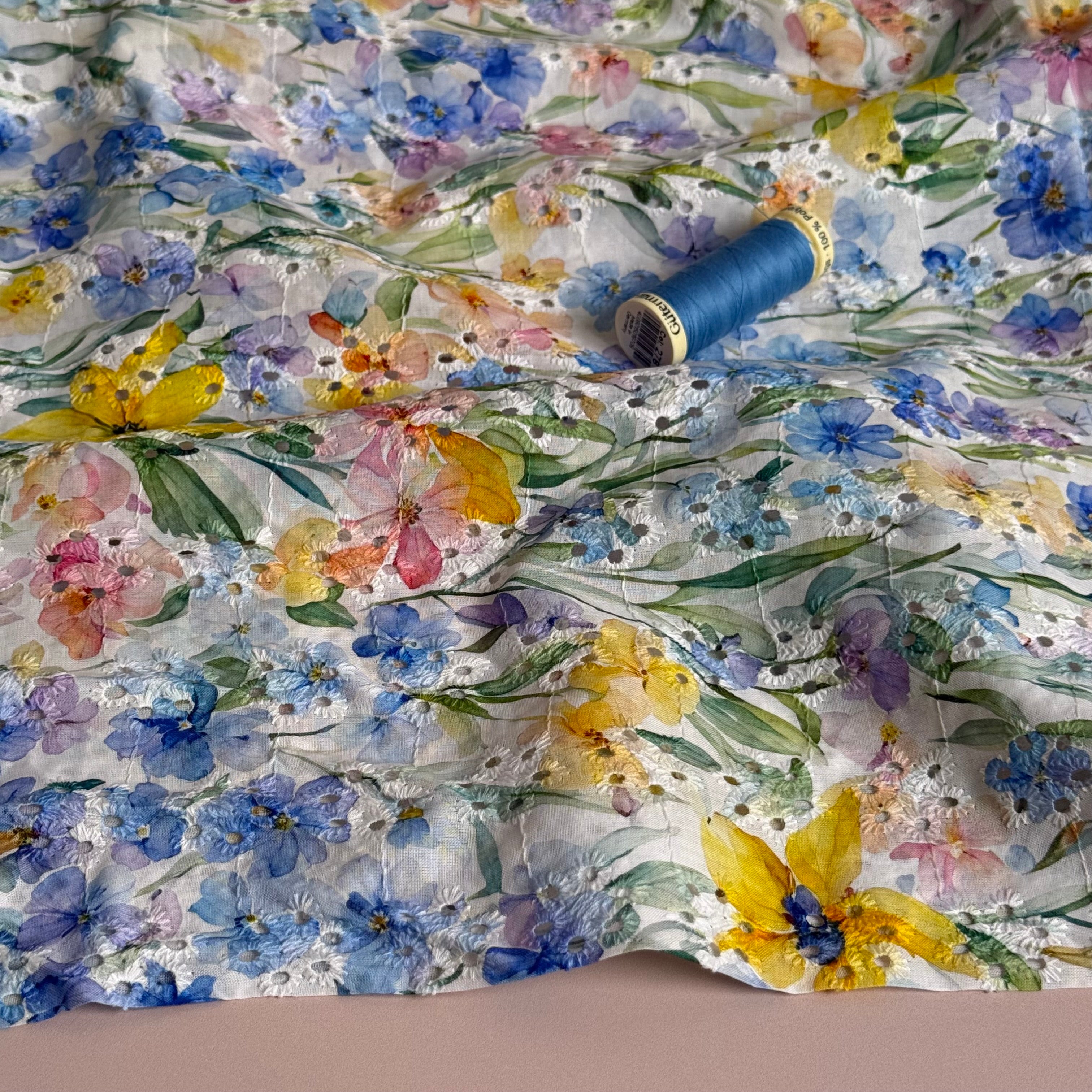 Meadow Flowers on Embroidered White Cotton Voile Fabric