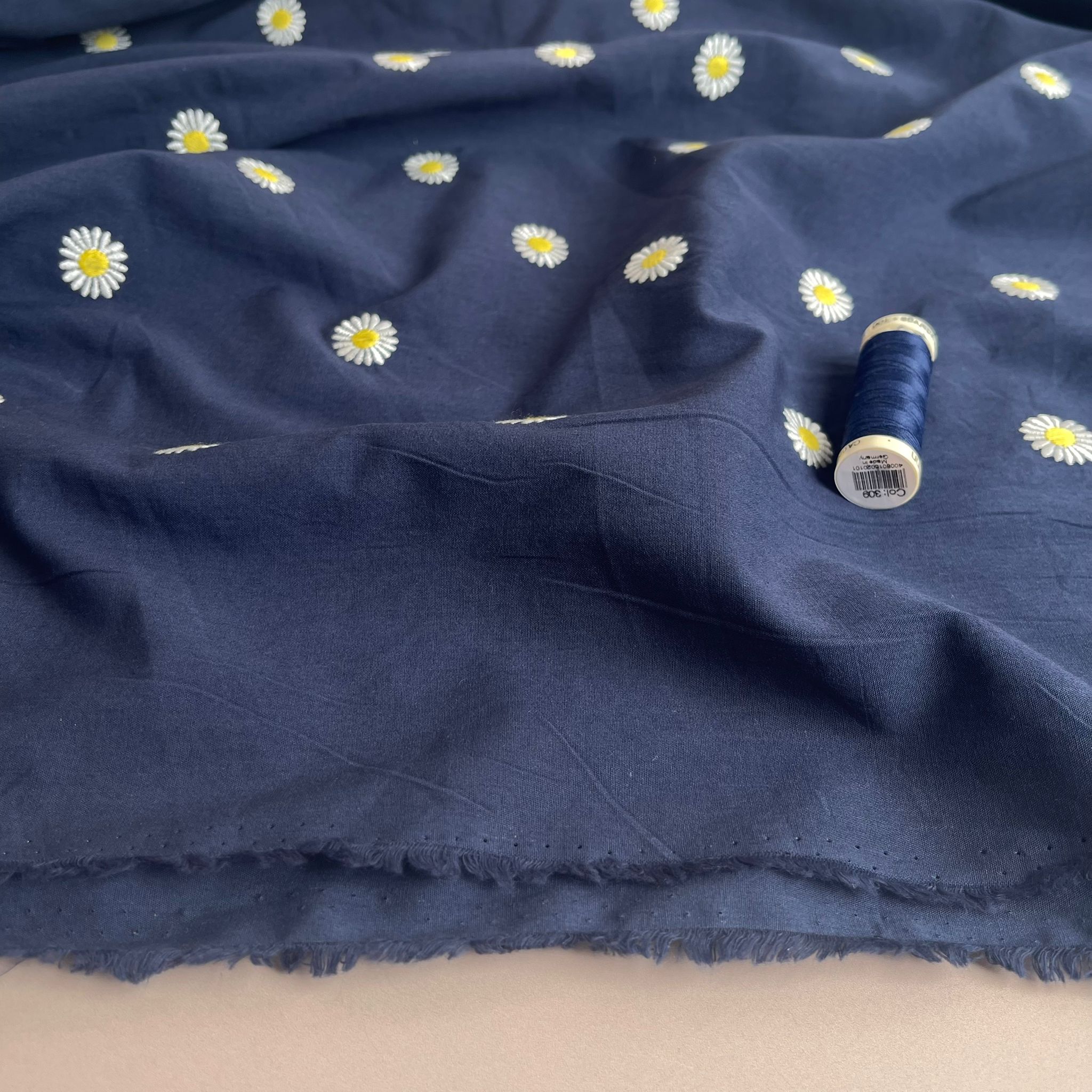 Embroidered Daisies on Navy Cotton Poplin