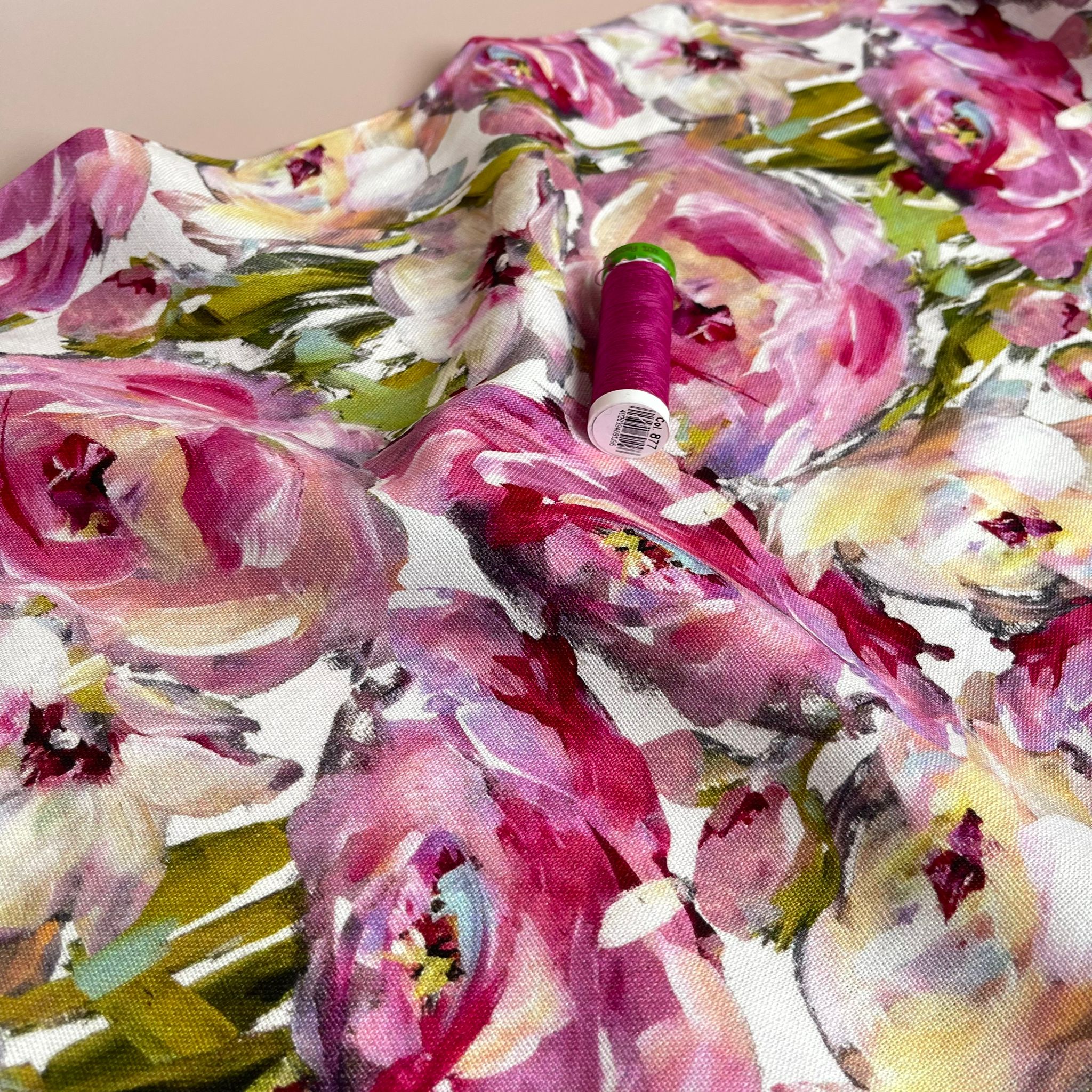 Pink Roses Viscose Linen Fabric