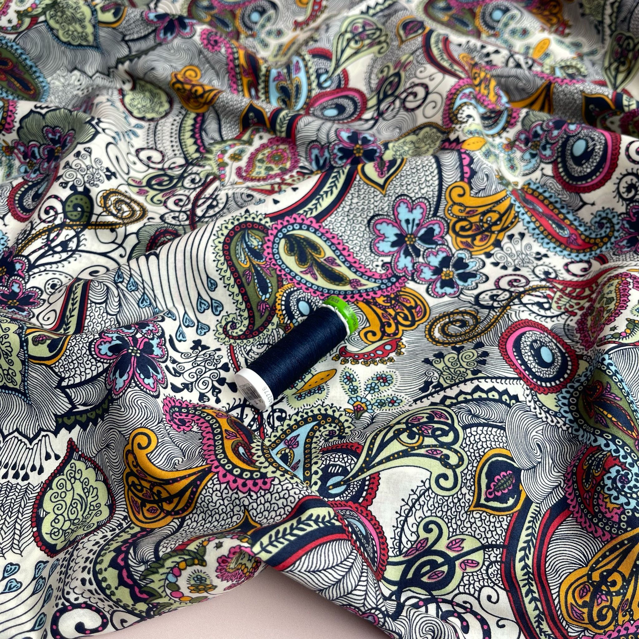 Summer Paisley on White Cotton Lawn Fabric