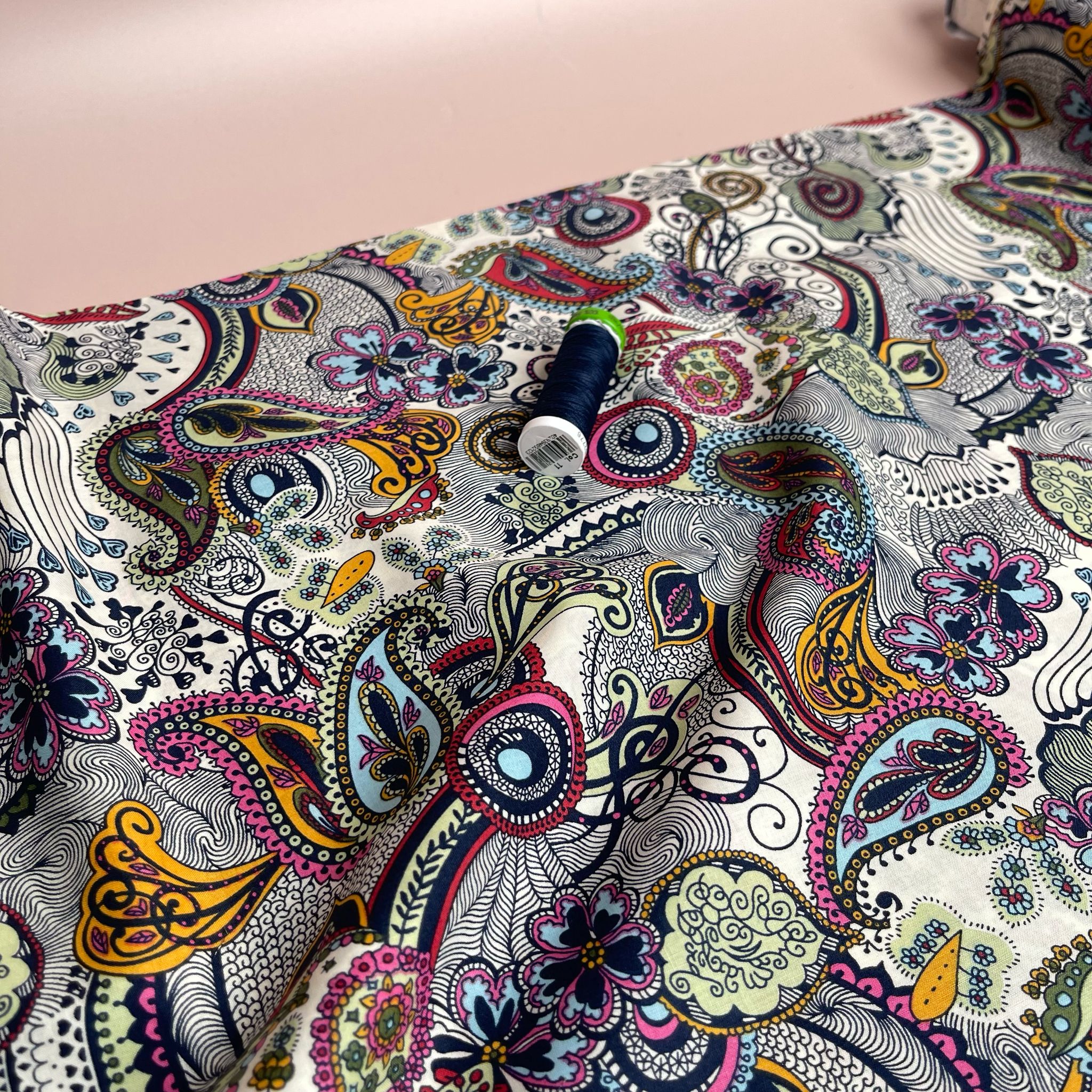 Summer Paisley on White Cotton Lawn Fabric