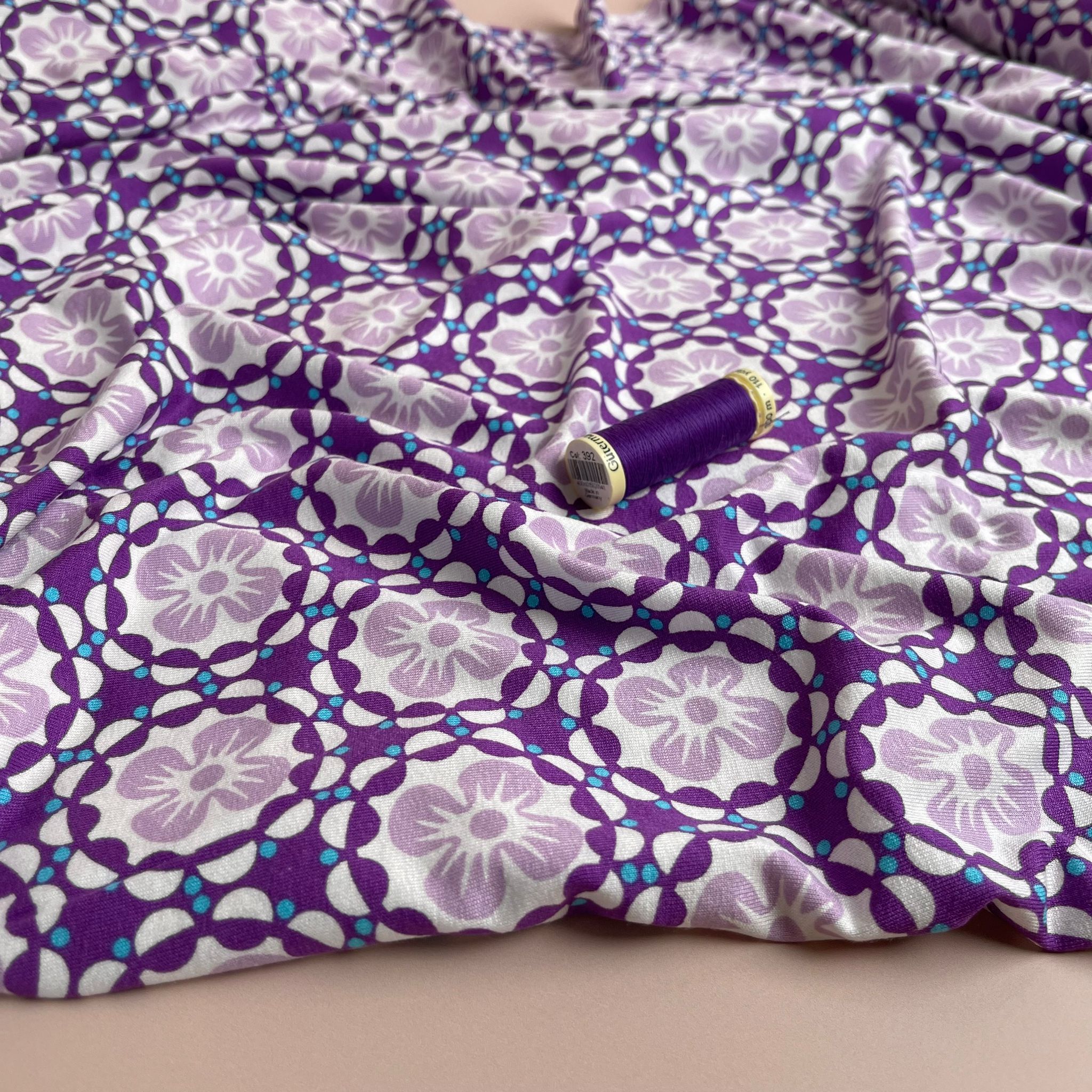 Mosaic Flowers in Purple Viscose Jersey Fabric