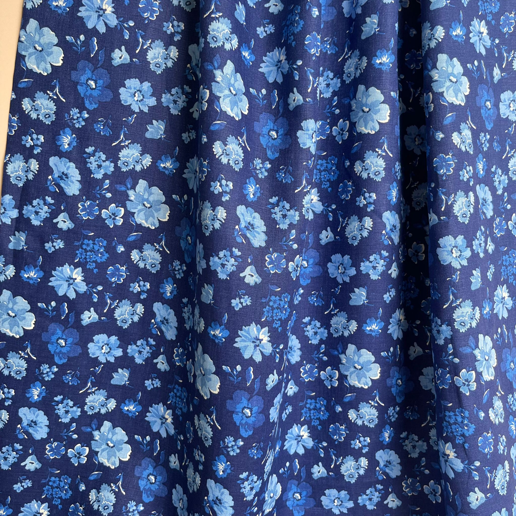 Ex-Designer Deadstock Blue Floral Pure Linen Fabric