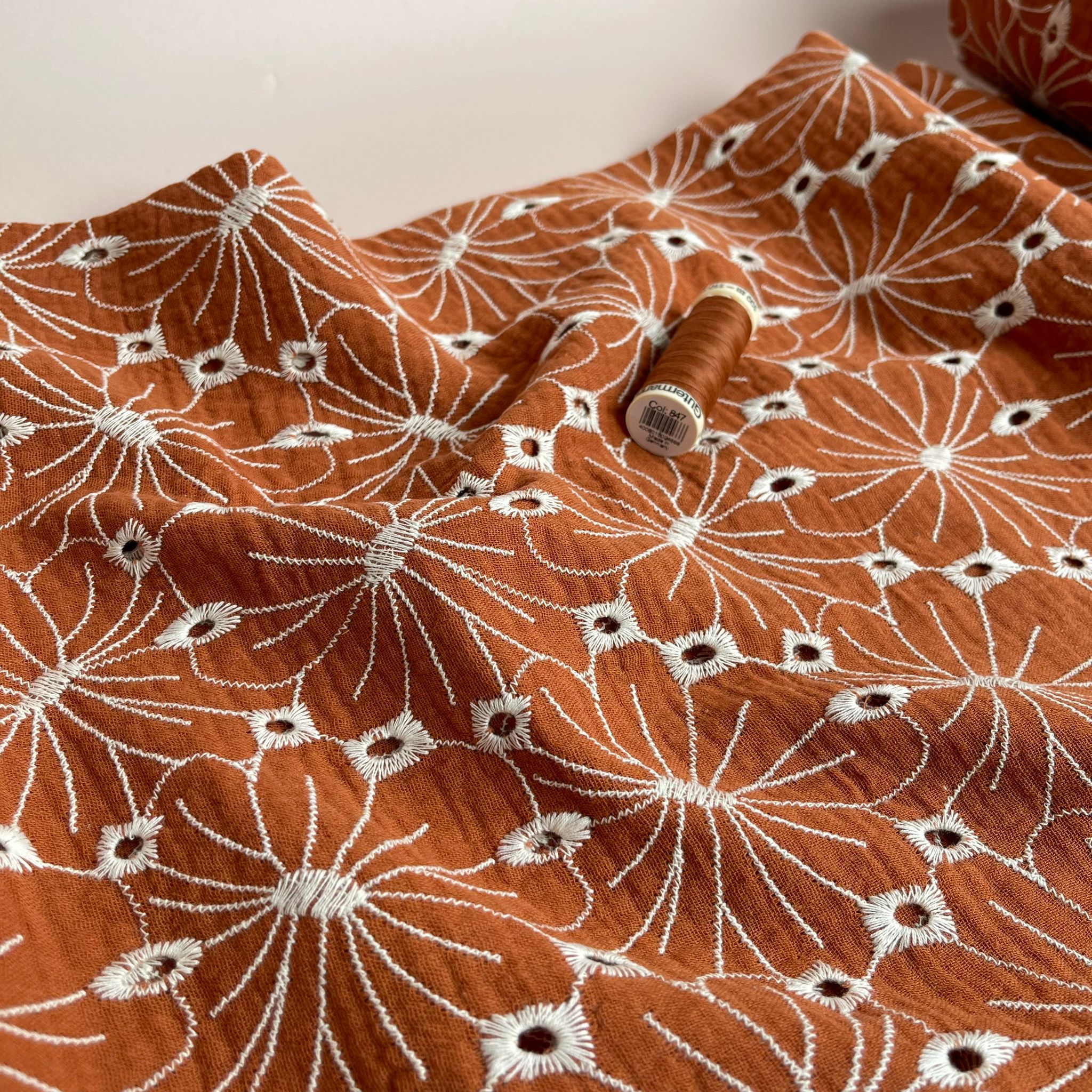 REMNANT 0.6 Metre - Embroidered Flowers on Rust Cotton Double Gauze