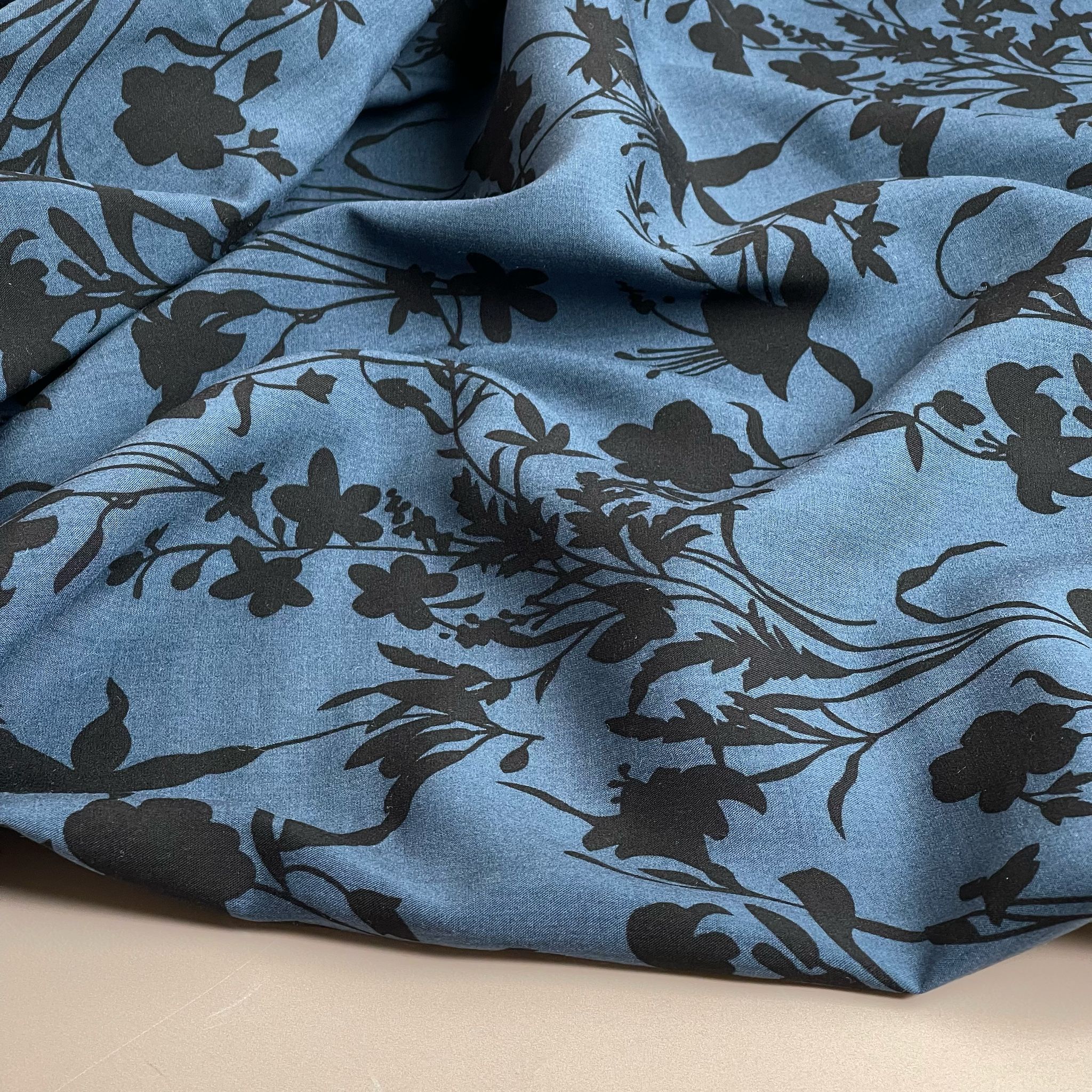 Floral Shadows on Midnight Blue Viscose Fabric