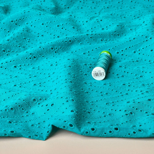 Embroidered Zig-Zags on Turquoise Cotton Broderie Anglaise Fabric