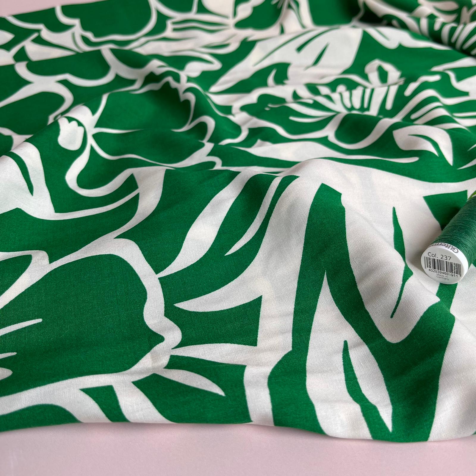 White Blooms on Emerald Green Viscose Fabric