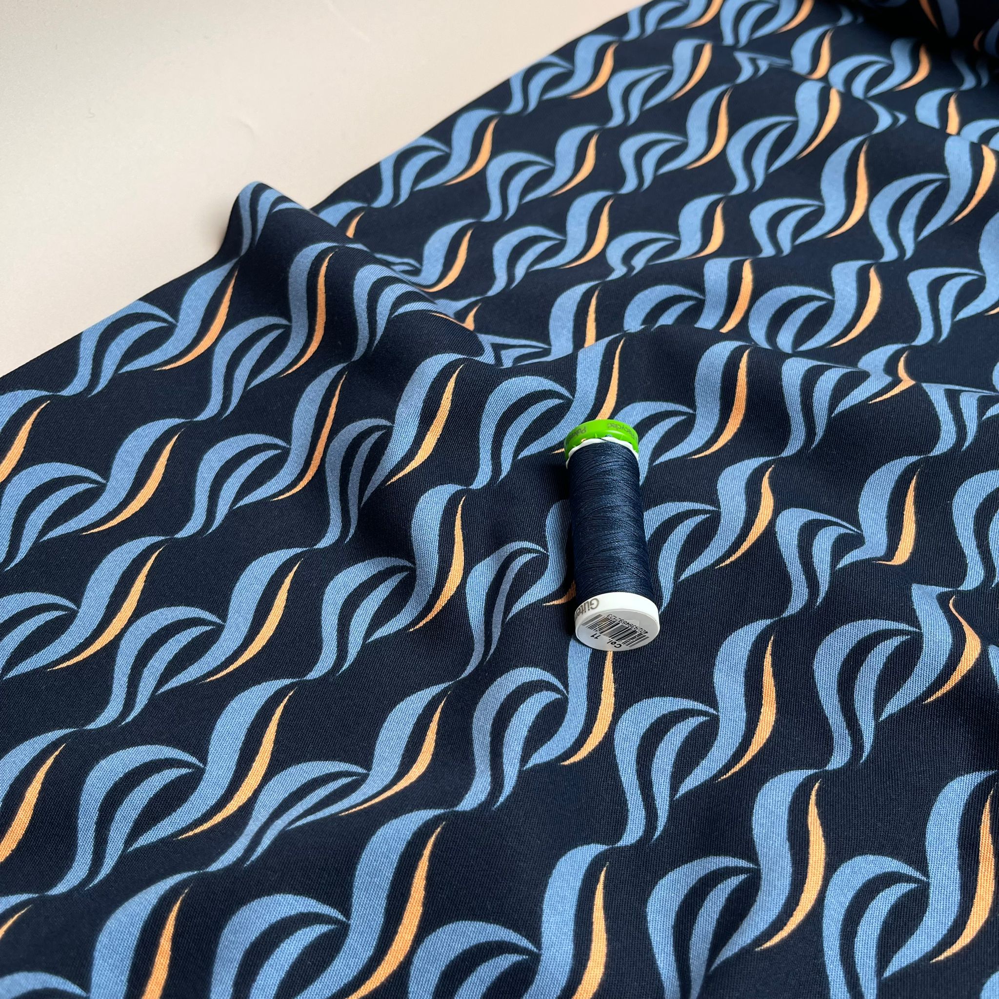 Rosella Waves on Navy Viscose Twill with Stretch