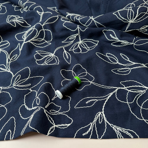 Embroidered Flowers Linen Viscose Blend Fabric in Navy