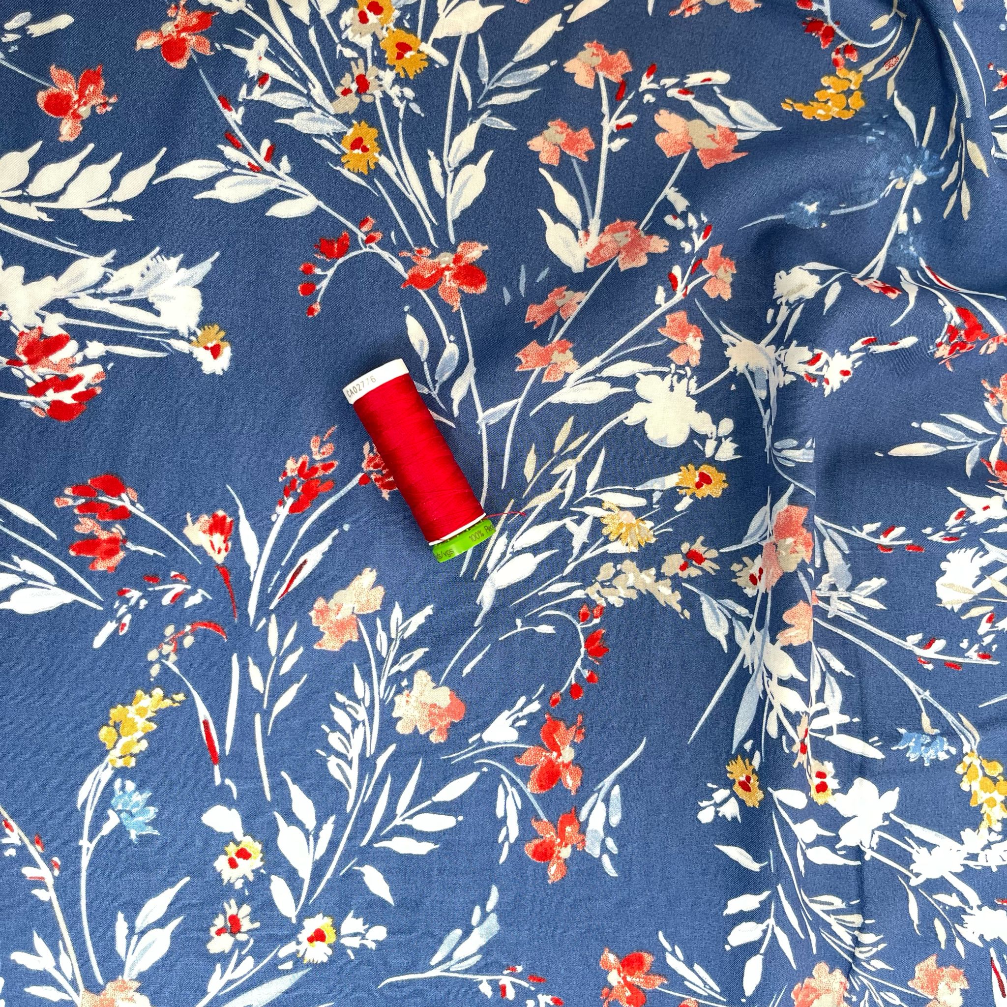 Red Wildflowers on Denim Blue Viscose Fabric