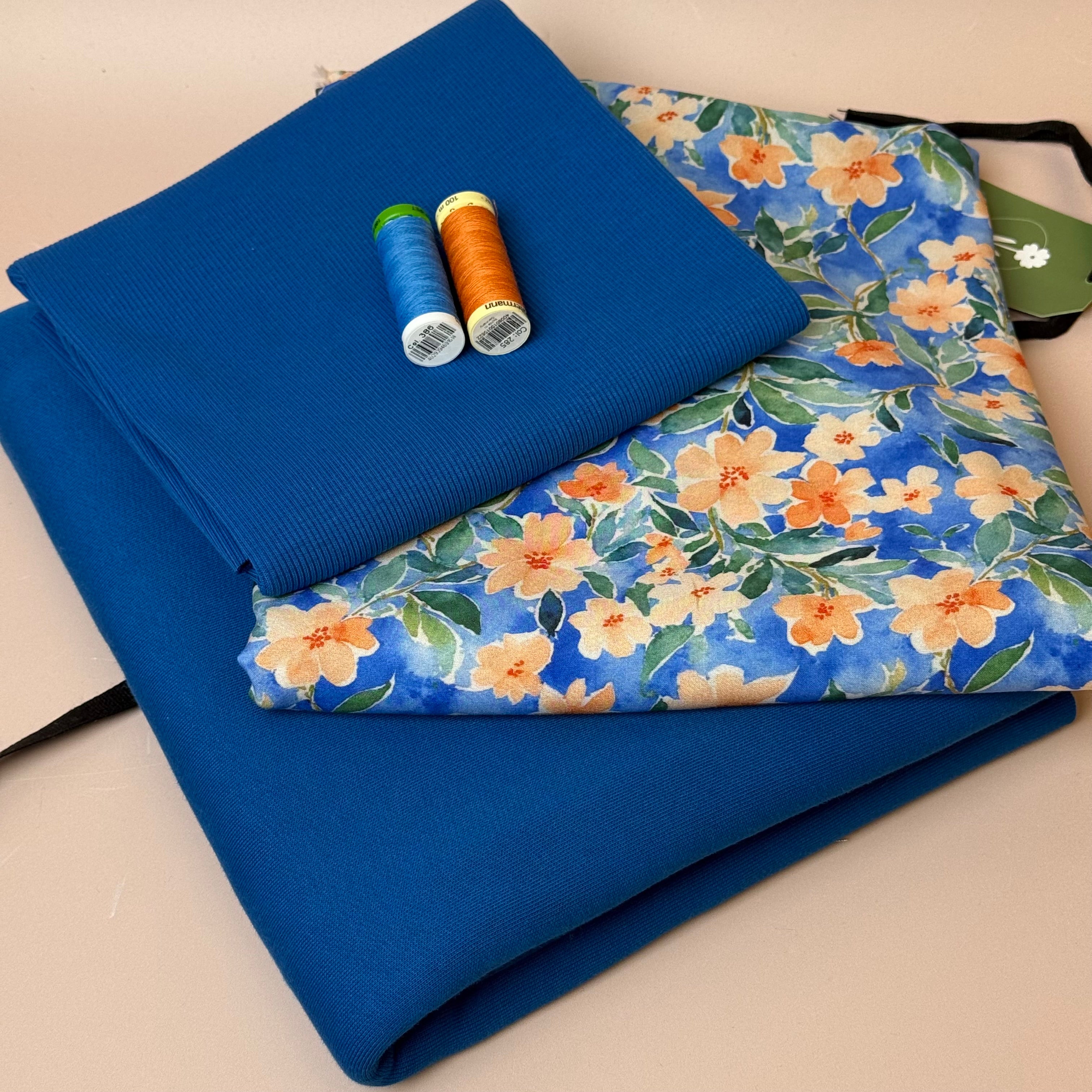Make an Outfit Colour Bundle - Peach Flowers Viscose & Brushed Sweatshirt in Intense Blue with Ribbing