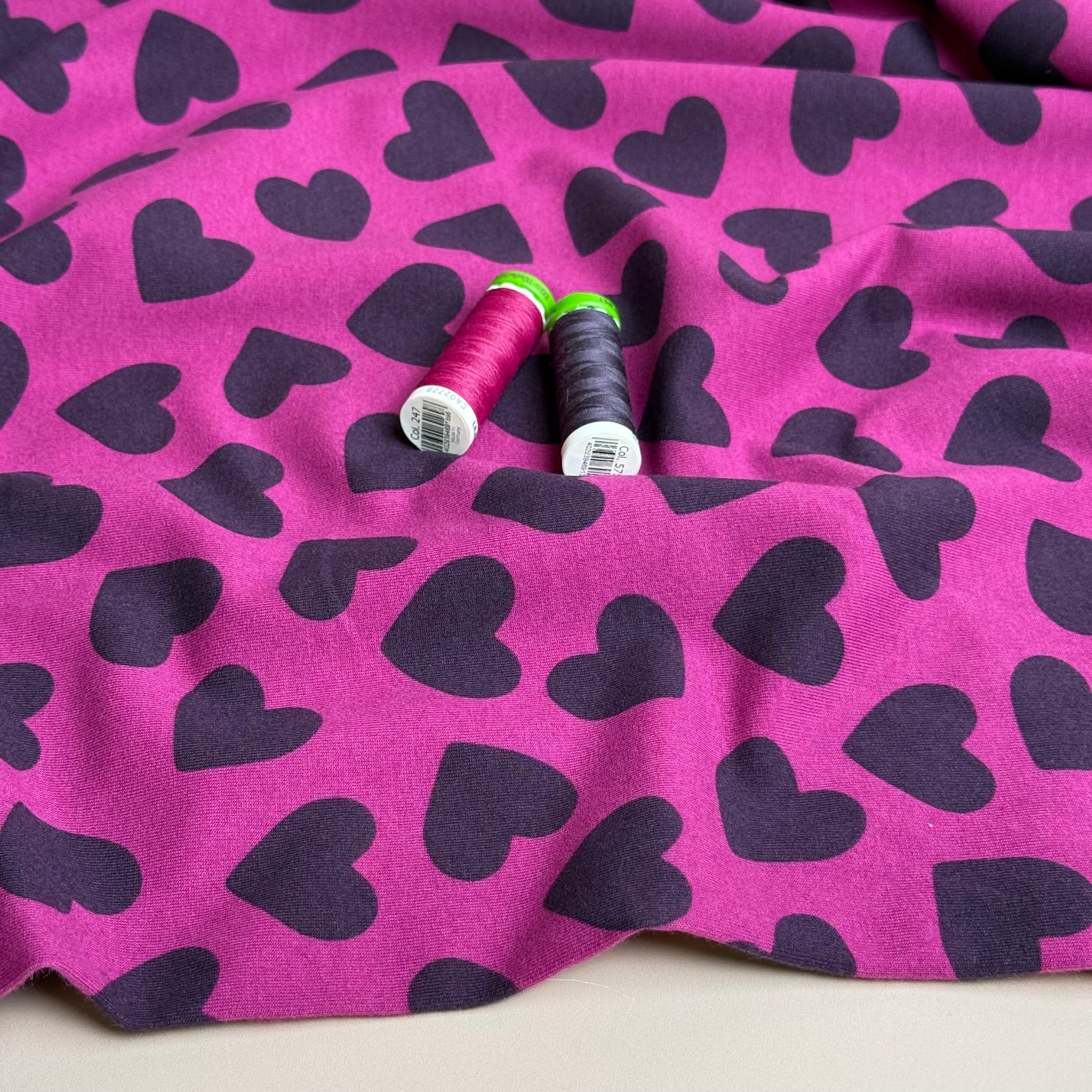 Purple Small Hearts on Pink Peach Soft Cotton Sweat-shirting Fabric