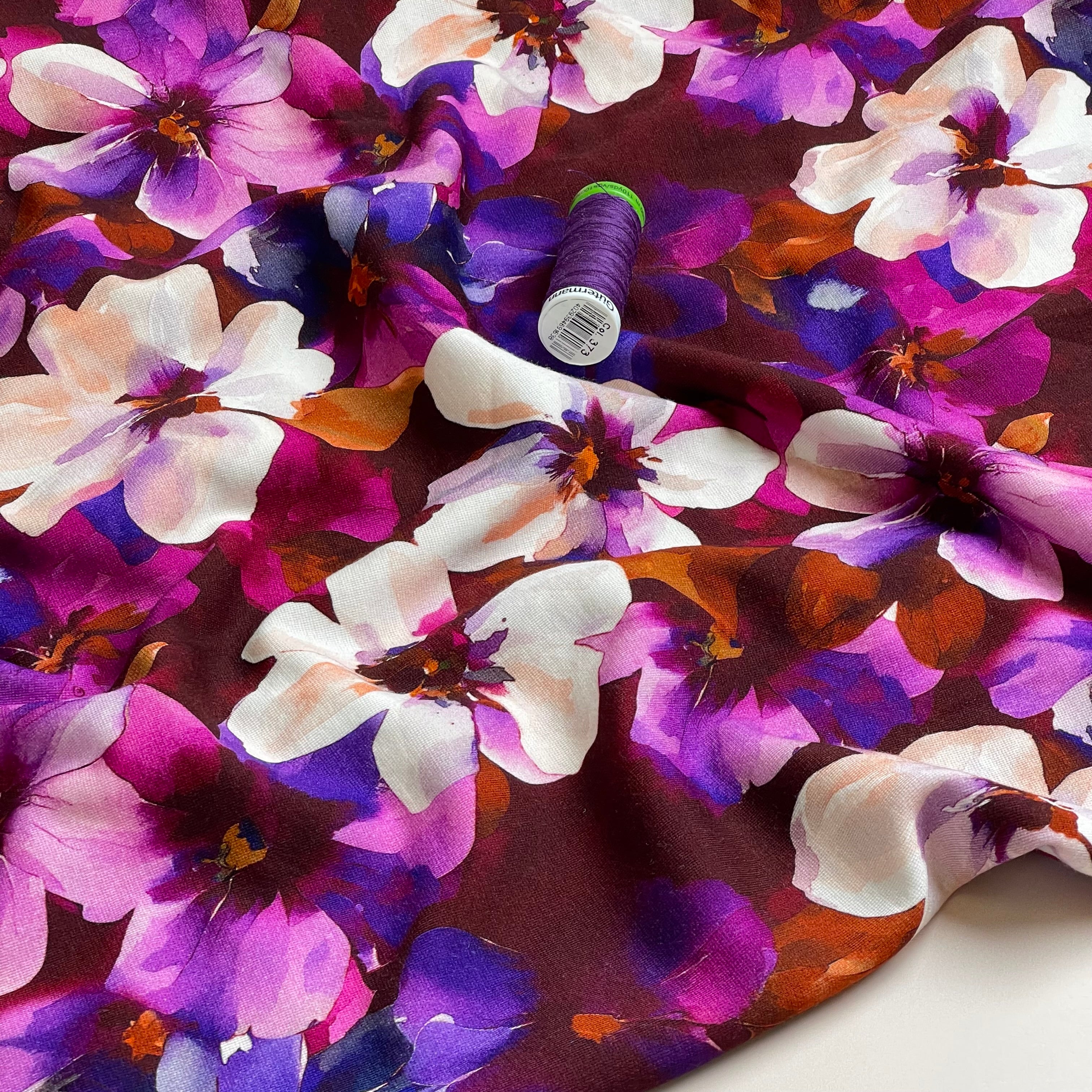 Purple Flowers on Burgundy Light Viscose Ponte Roma Fabric