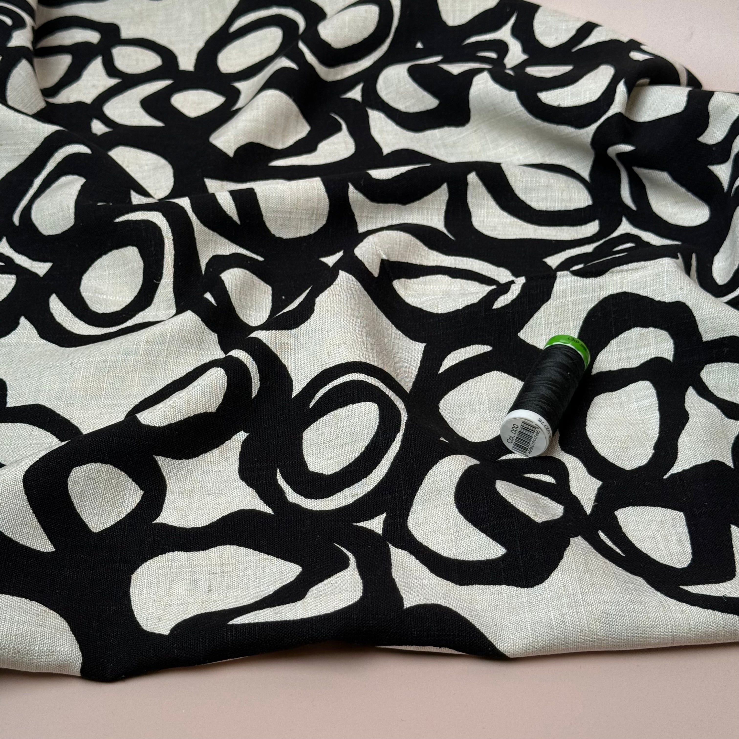 Swirls Black on Neutral Viscose Linen Fabric