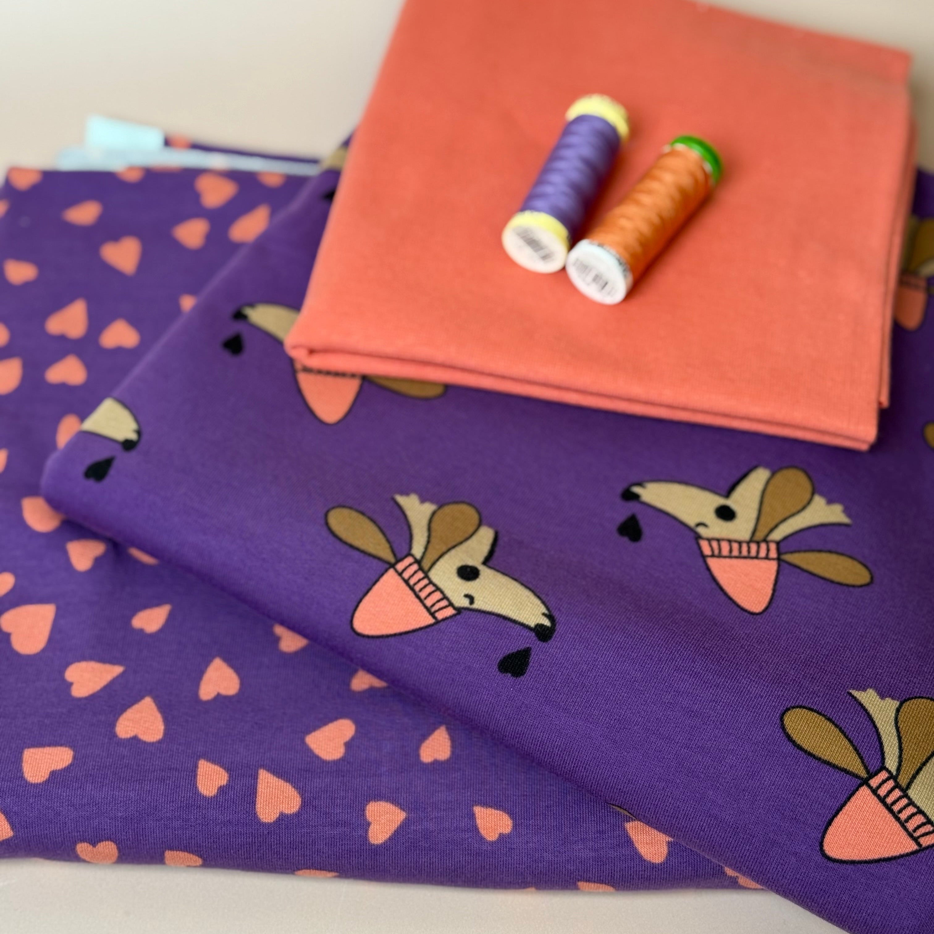 Make an Outfit Colour Bundle - Dogs and Heart Purple Cotton Sweat-shirting with Ribbing