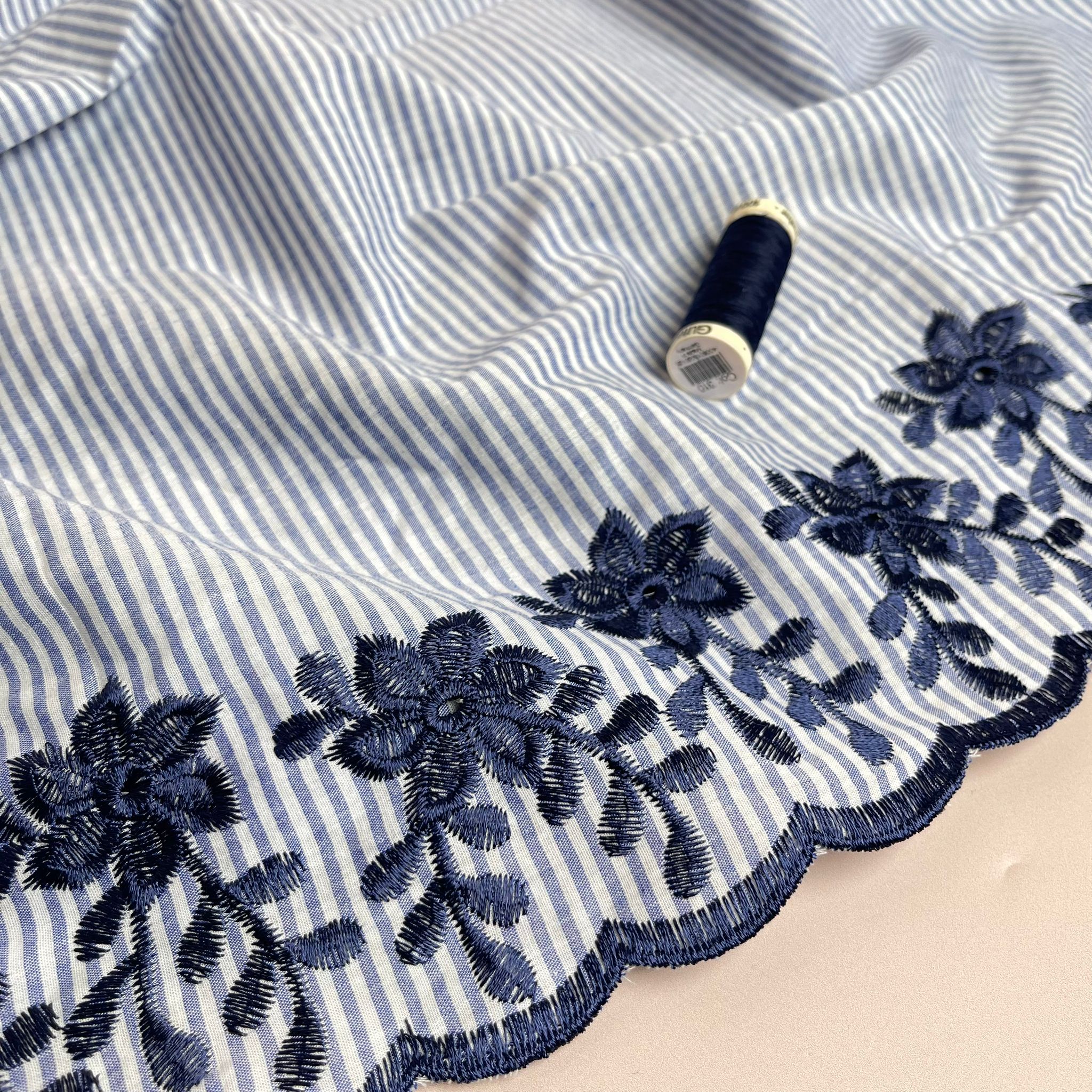 REMNANT 1.4 Metres - Embroidered Scalloped Flowers on Blue Striped Cotton Fabric