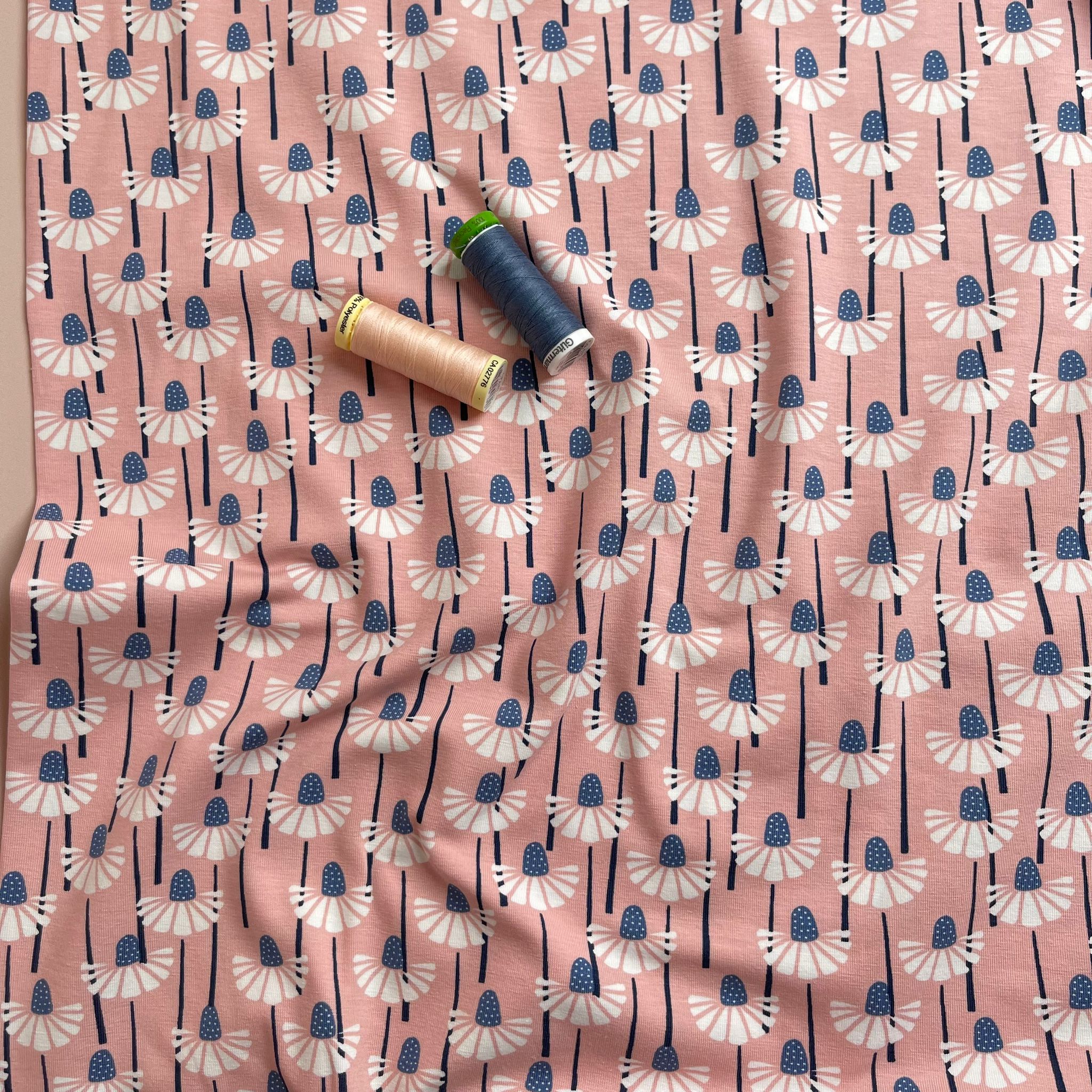 REMNANT 1.66 Metres - Blue Flower on Pink GOTS Organic Cotton Jersey