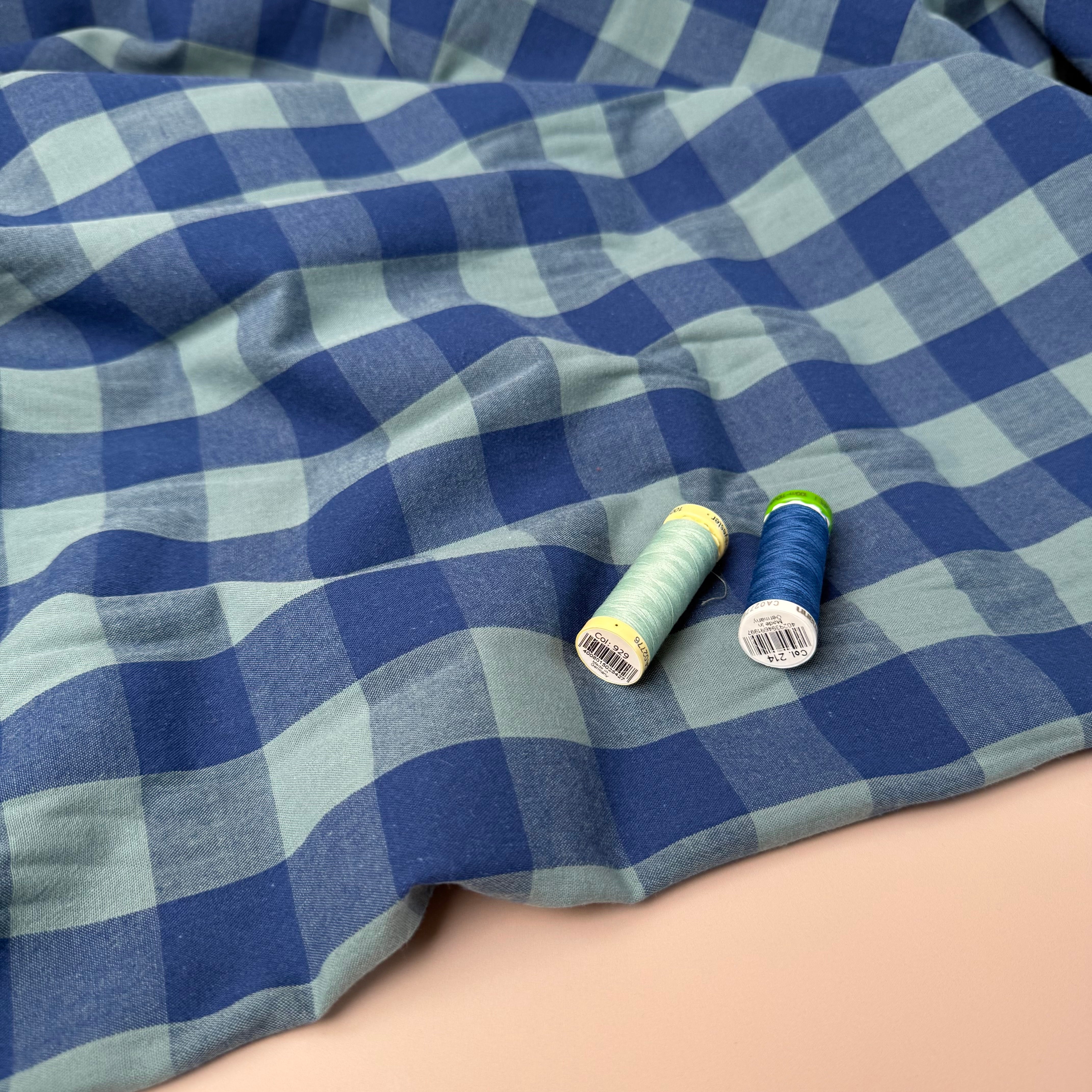 Yarn Dyed Washed Cotton Check Fabric in Blue and Sage Green