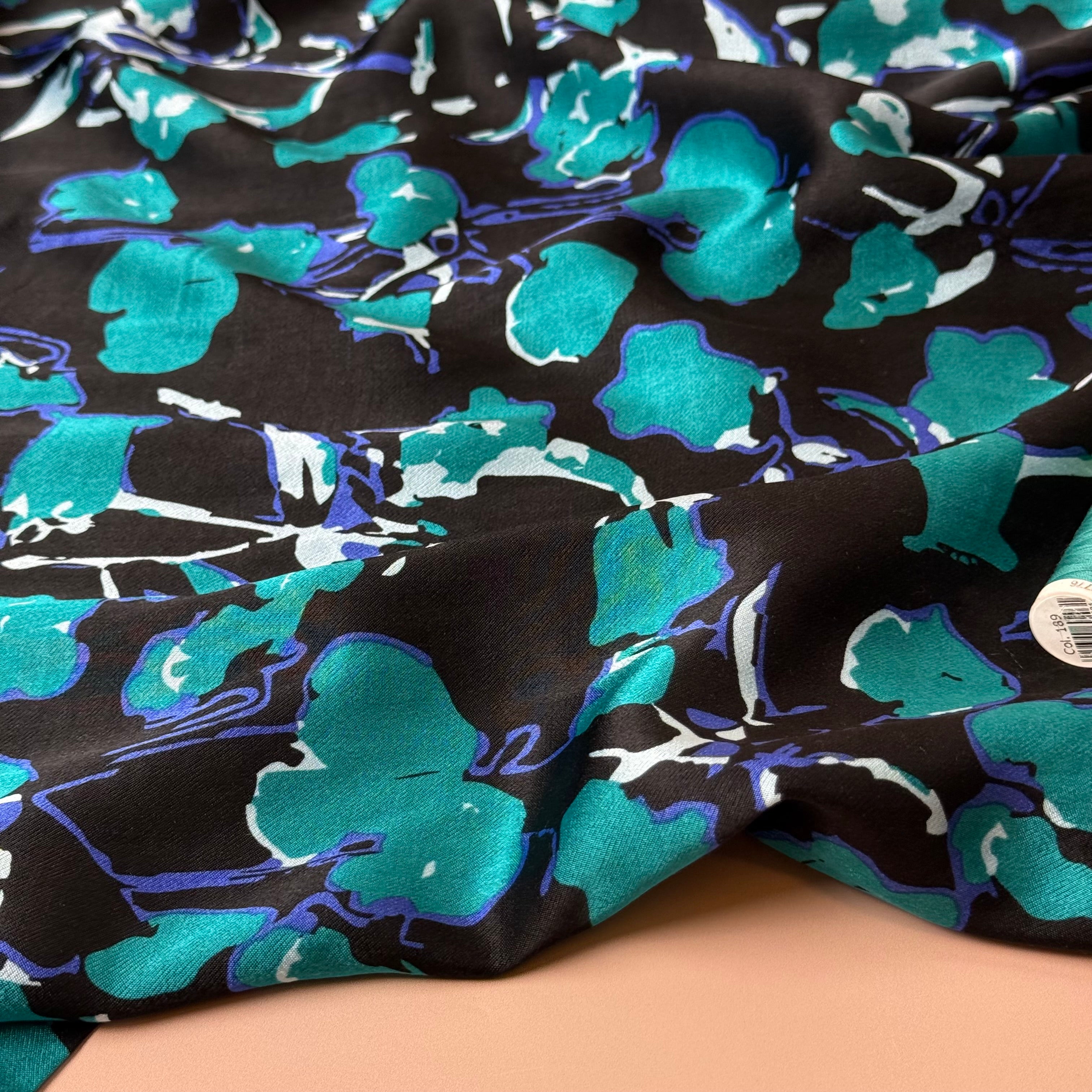 Petrol Petals Spun Viscose Sateen Fabric