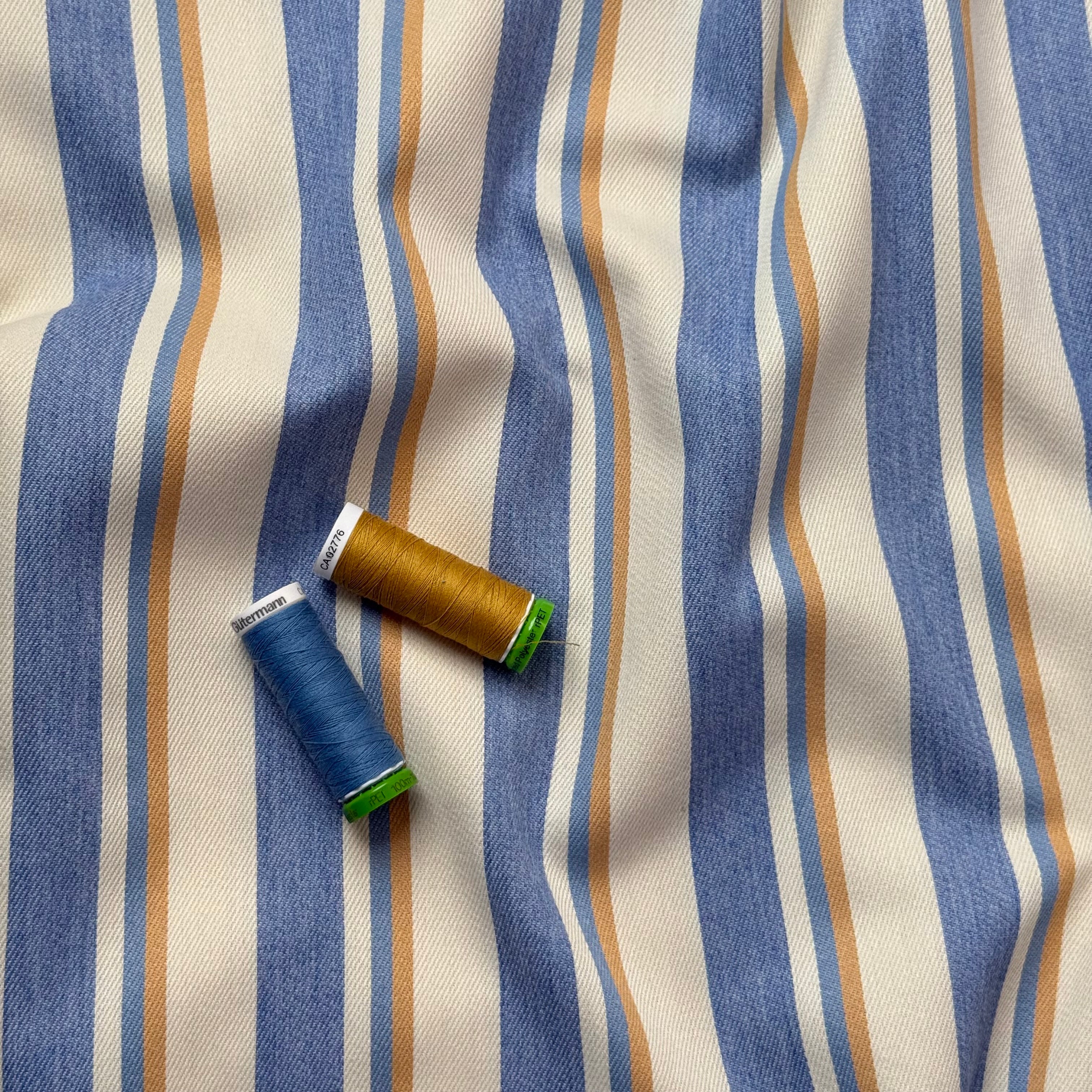 PRE-ORDER (arriving by end of July) - Yarn Dyed Striped Cotton Denim in Camel & Blue