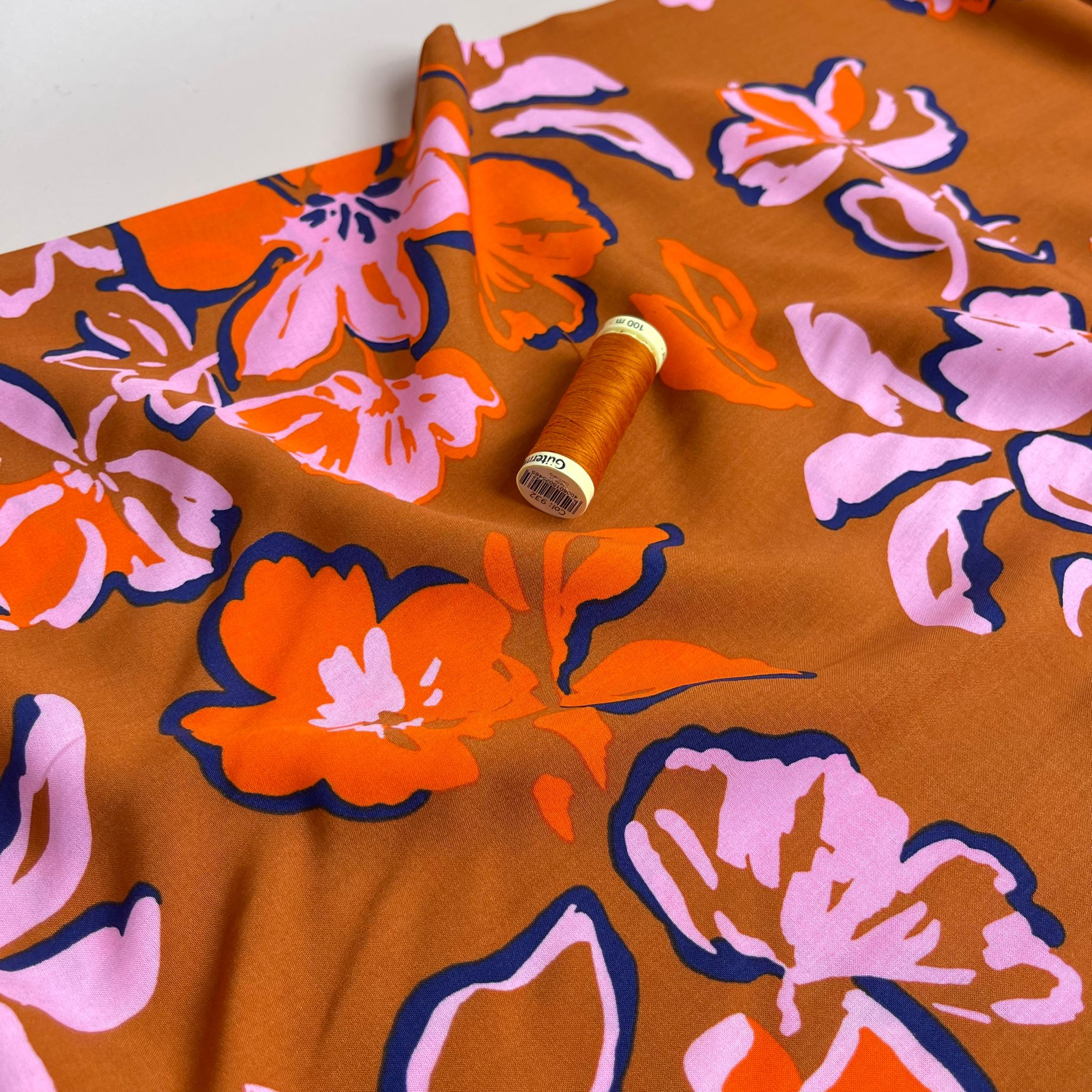 Painted Blooms on Rust LENZING™ ECOVERO™ Viscose Fabric