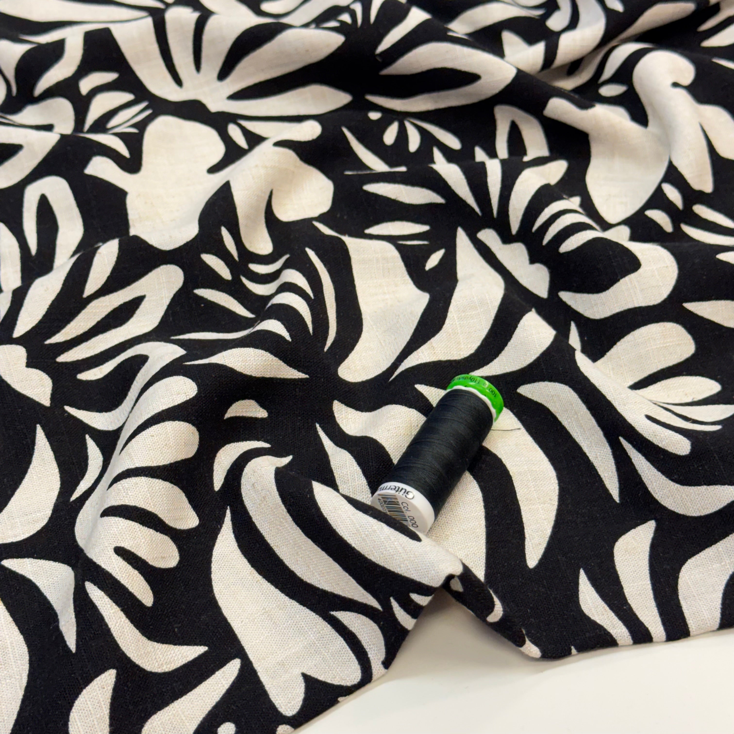 Graphic Plants Black Viscose Linen Fabric