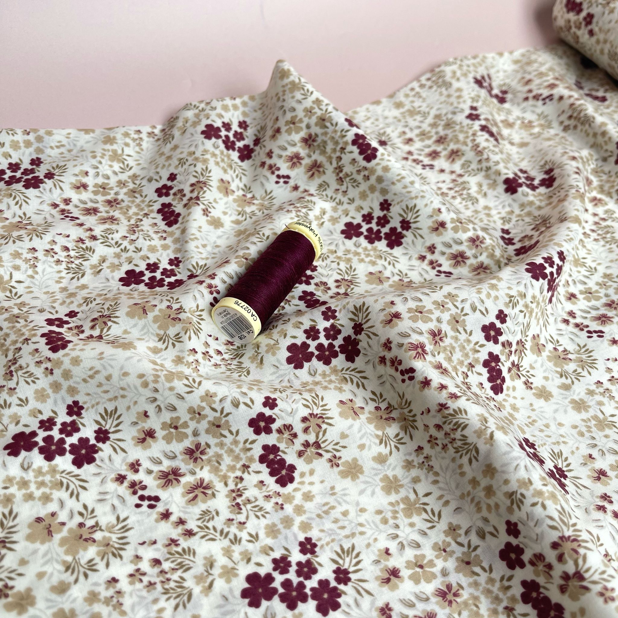 Ex-Designer Deadstock Ditsy Burgundy Flowers Cotton Lawn Fabric