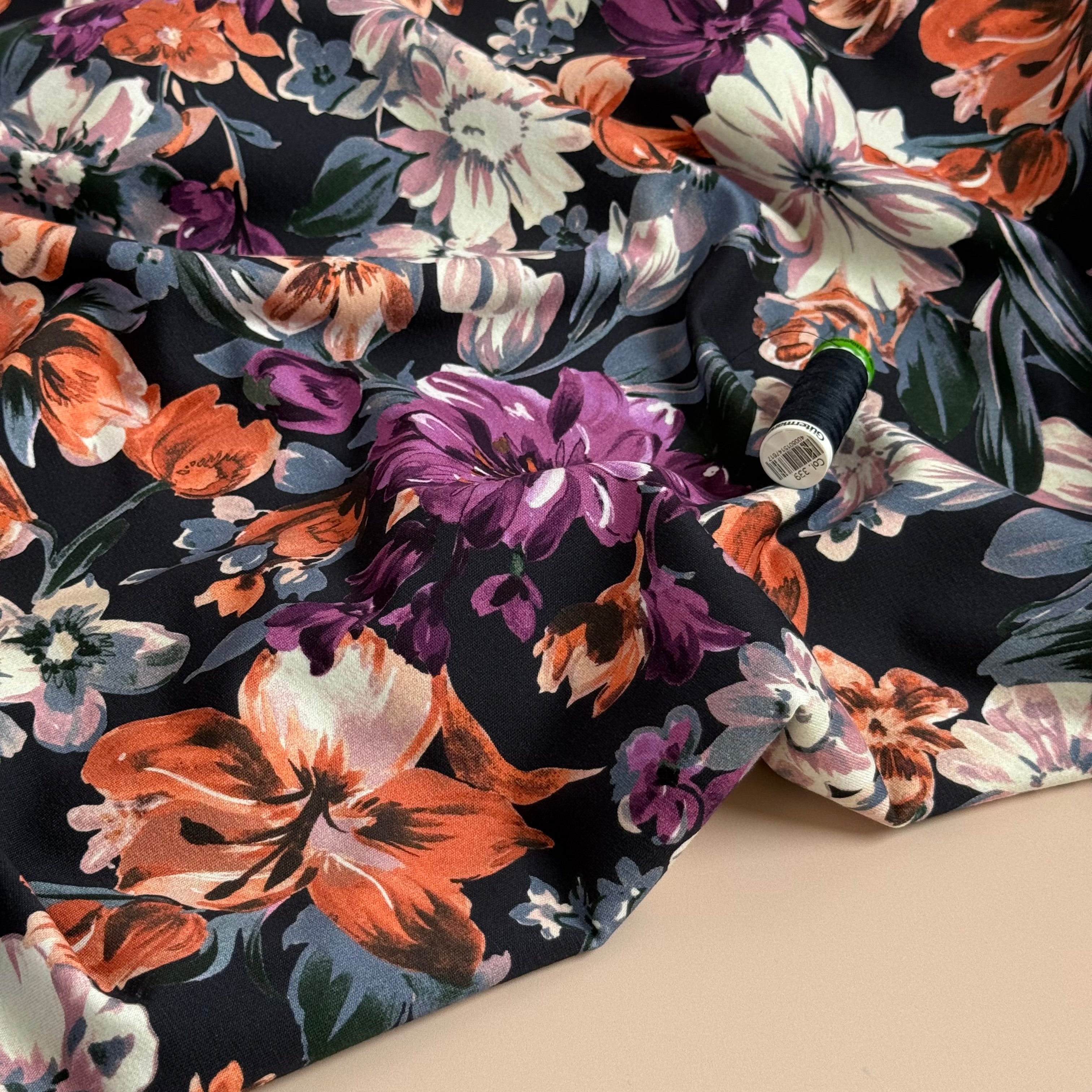Painted Florals Dark Navy Cotton French Terry Fabric