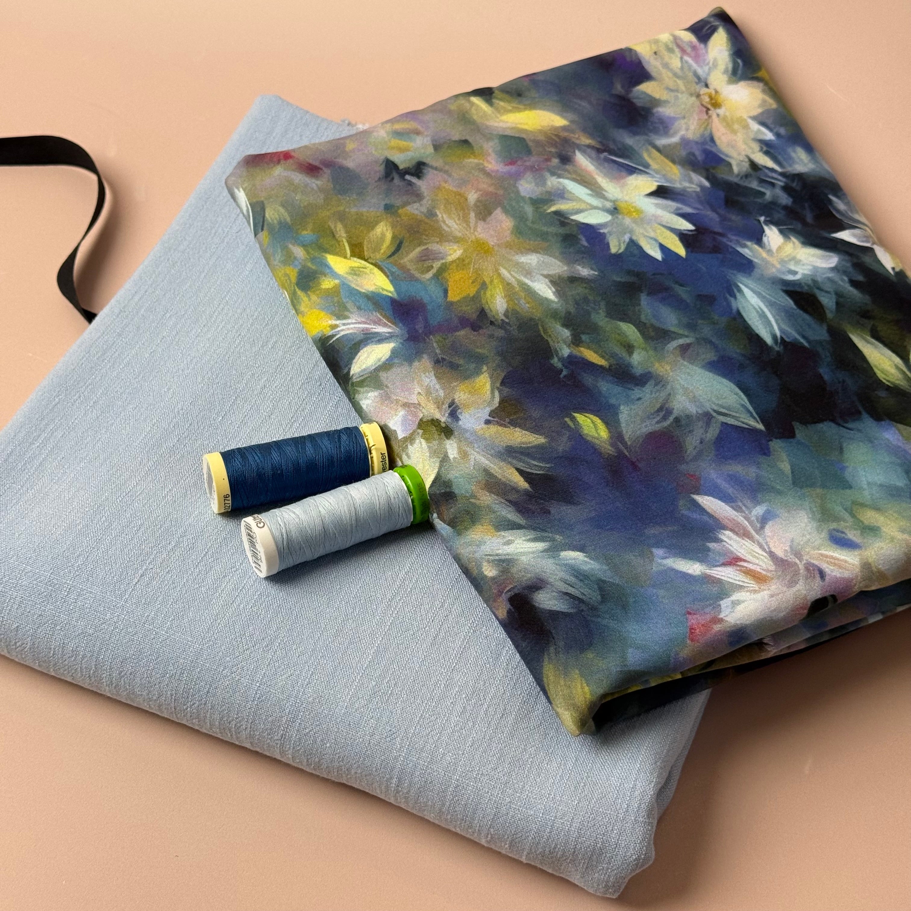 Make an Outfit Colour Bundle - Watercolour Flowers Viscose with Blue Flow Linen Blend