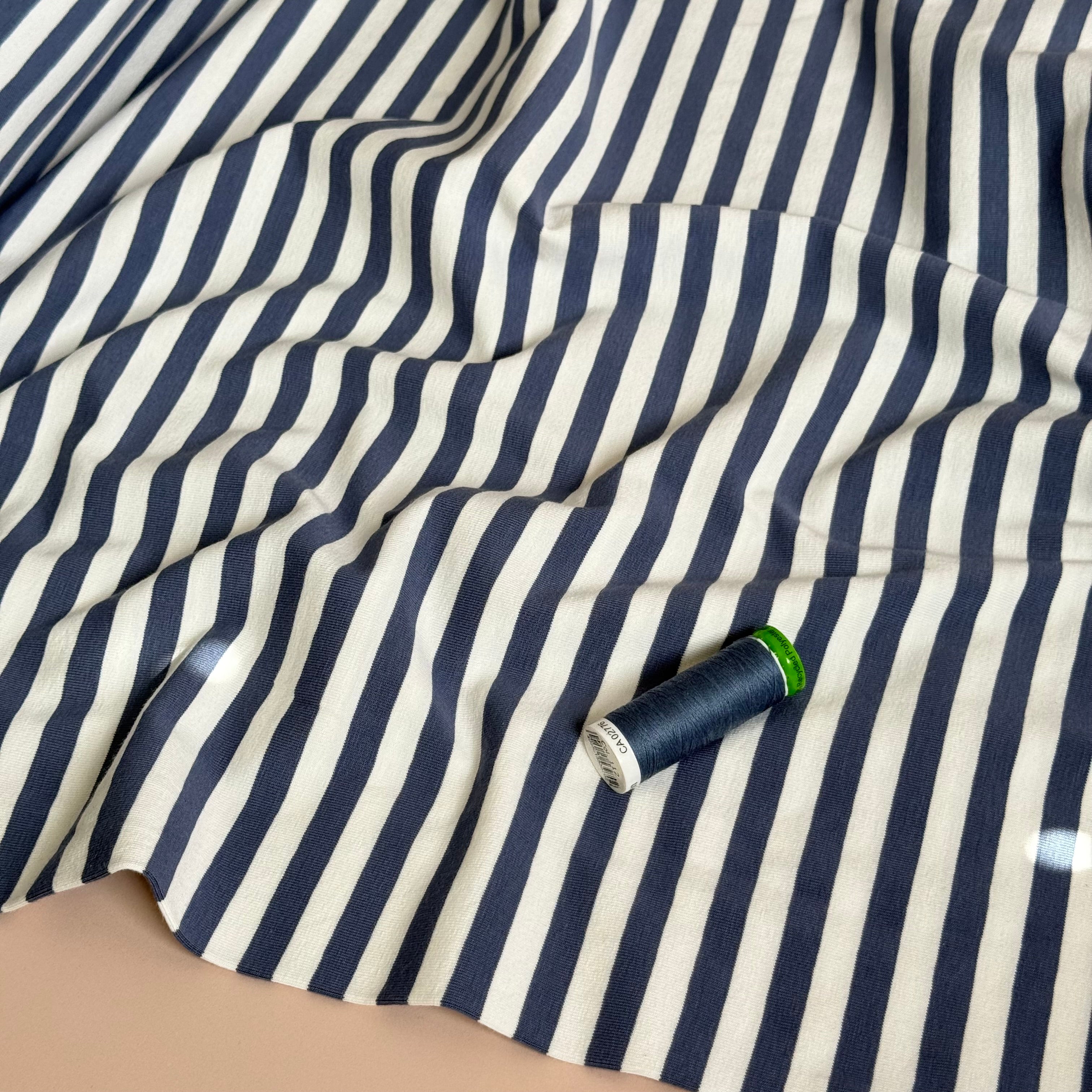 Yarn Dyed Denim Blue Breton Stripe Cotton Jersey Fabric