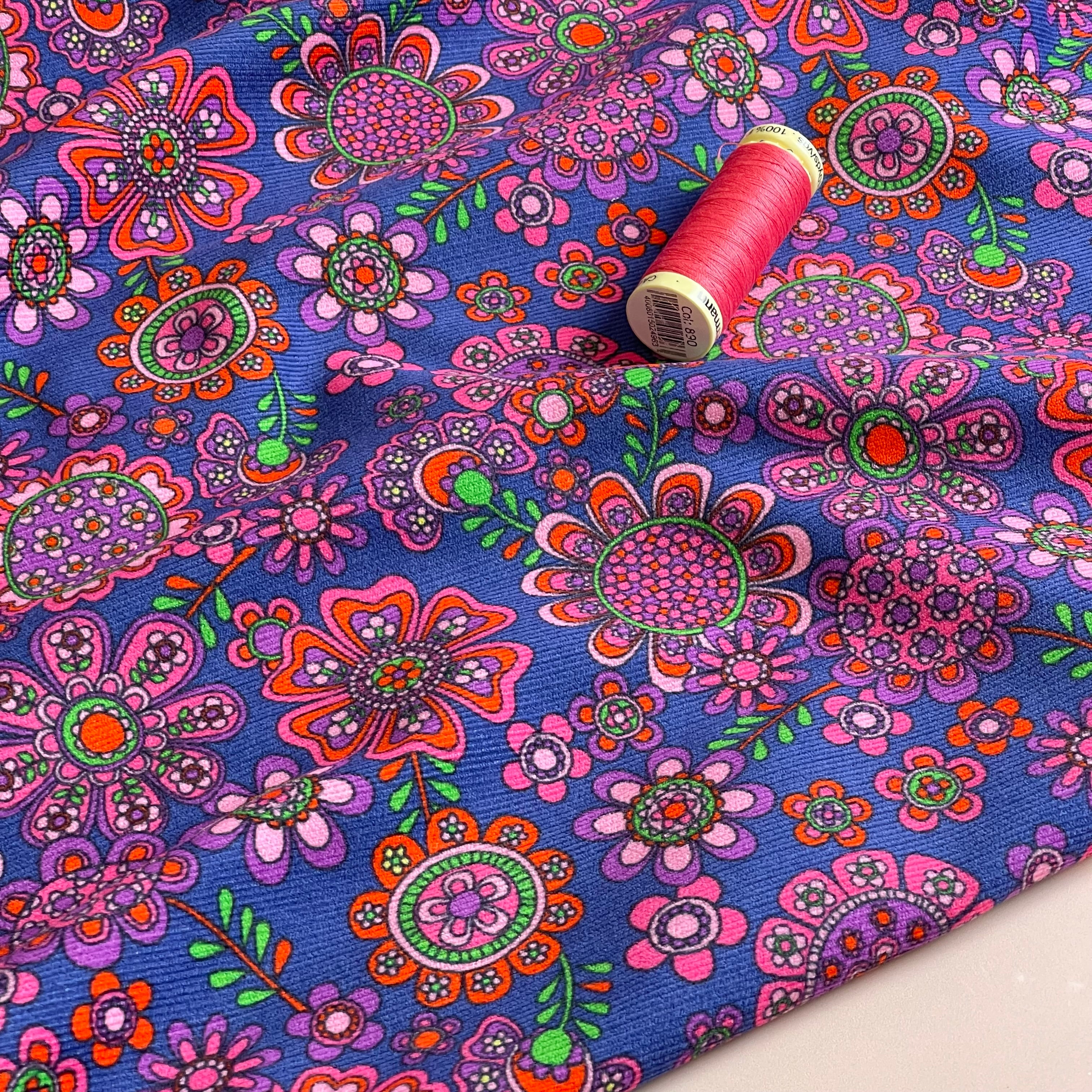 Retro Flowers Royal Blue Cotton Needlecord