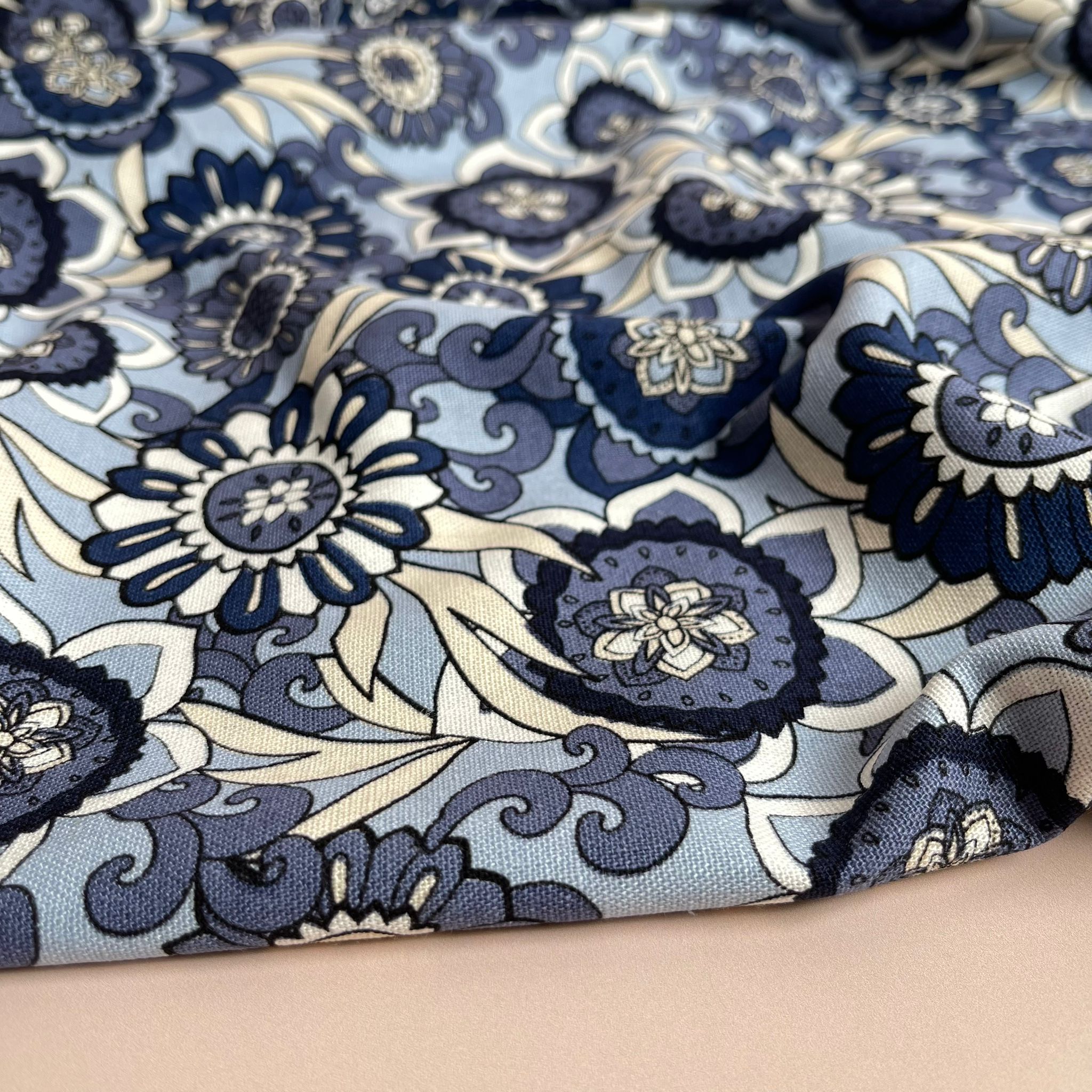 Seventies Flower on Blue Linen Viscose Blend Fabric