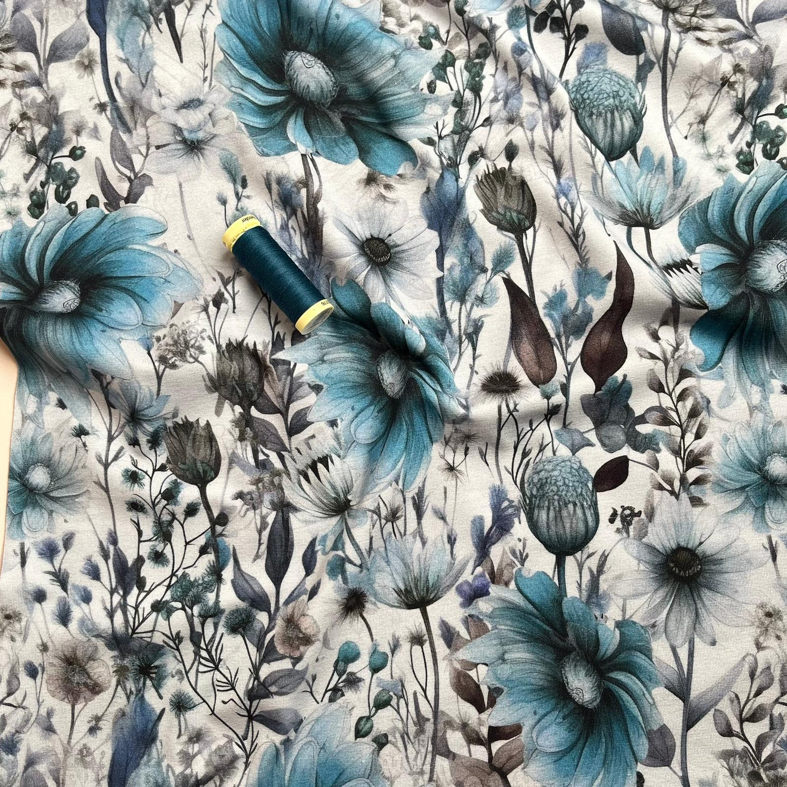 Danish Design - Cool Blue Florals Cotton Jersey Fabric