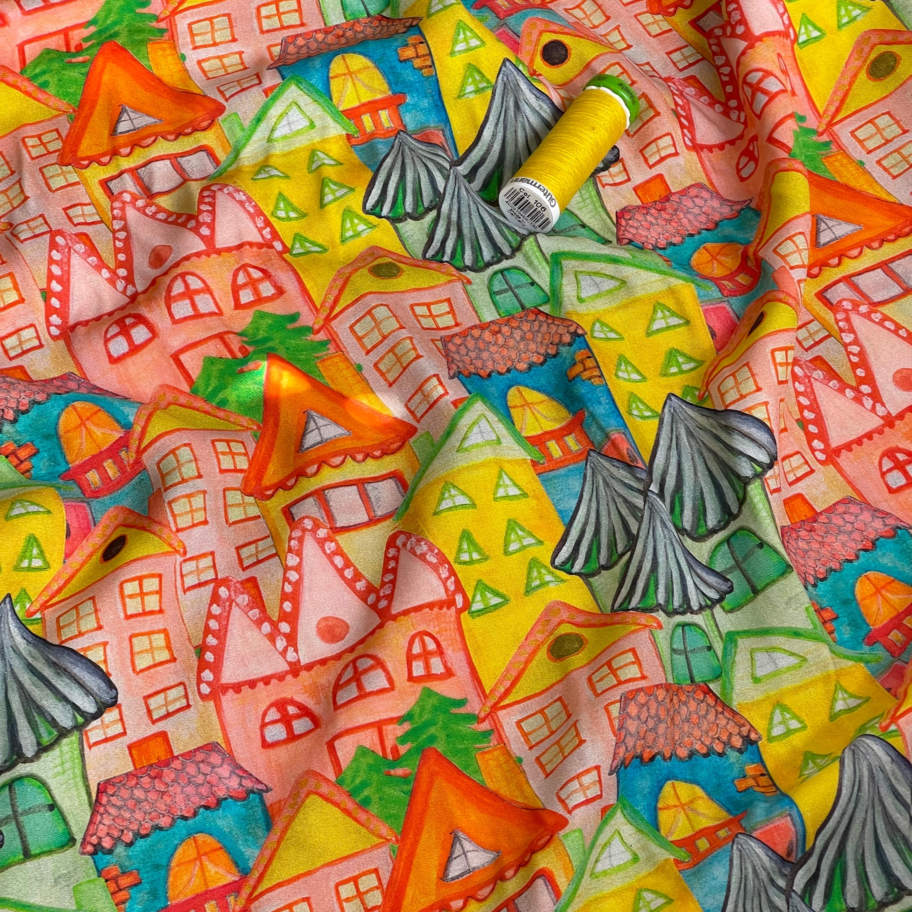 Playful Houses Viscose Poplin Fabric
