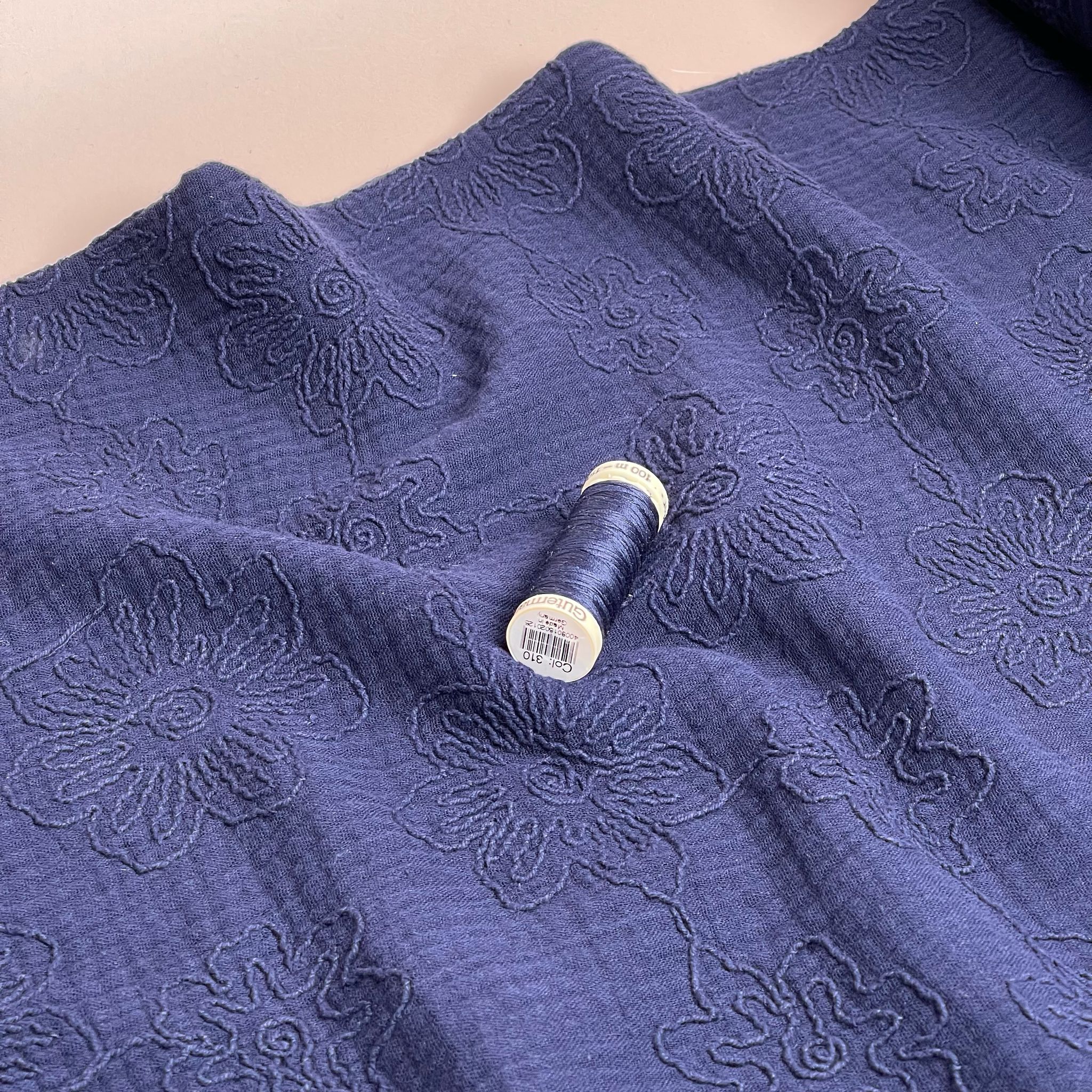 Embroidered Blooms on Navy Cotton Double Gauze