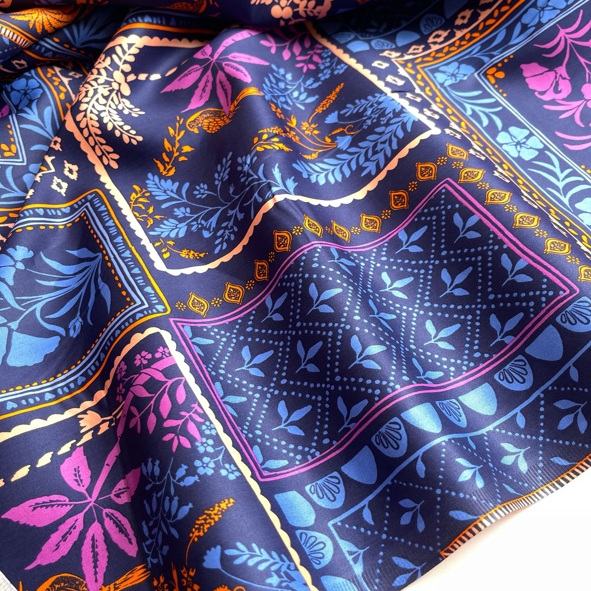 Patchwork Foliage Navy Cotton Sateen Fabric