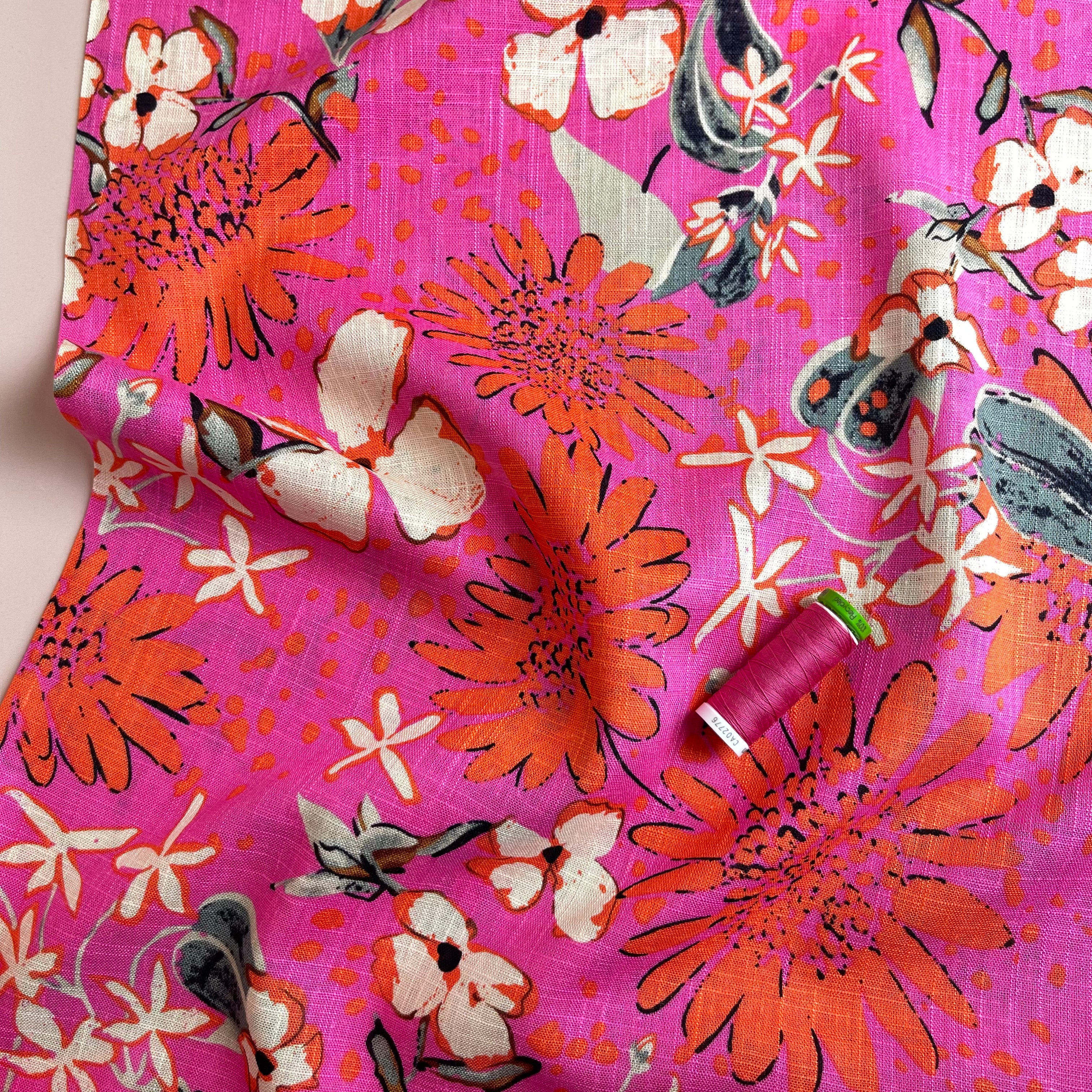 REMNANT 1.35 Metres - Orange Asters on Fuchsia Linen Viscose Blend Fabric