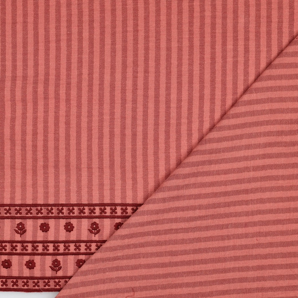 Border Embroidered Yarn Dyed Striped Cotton Double Gauze in Peach