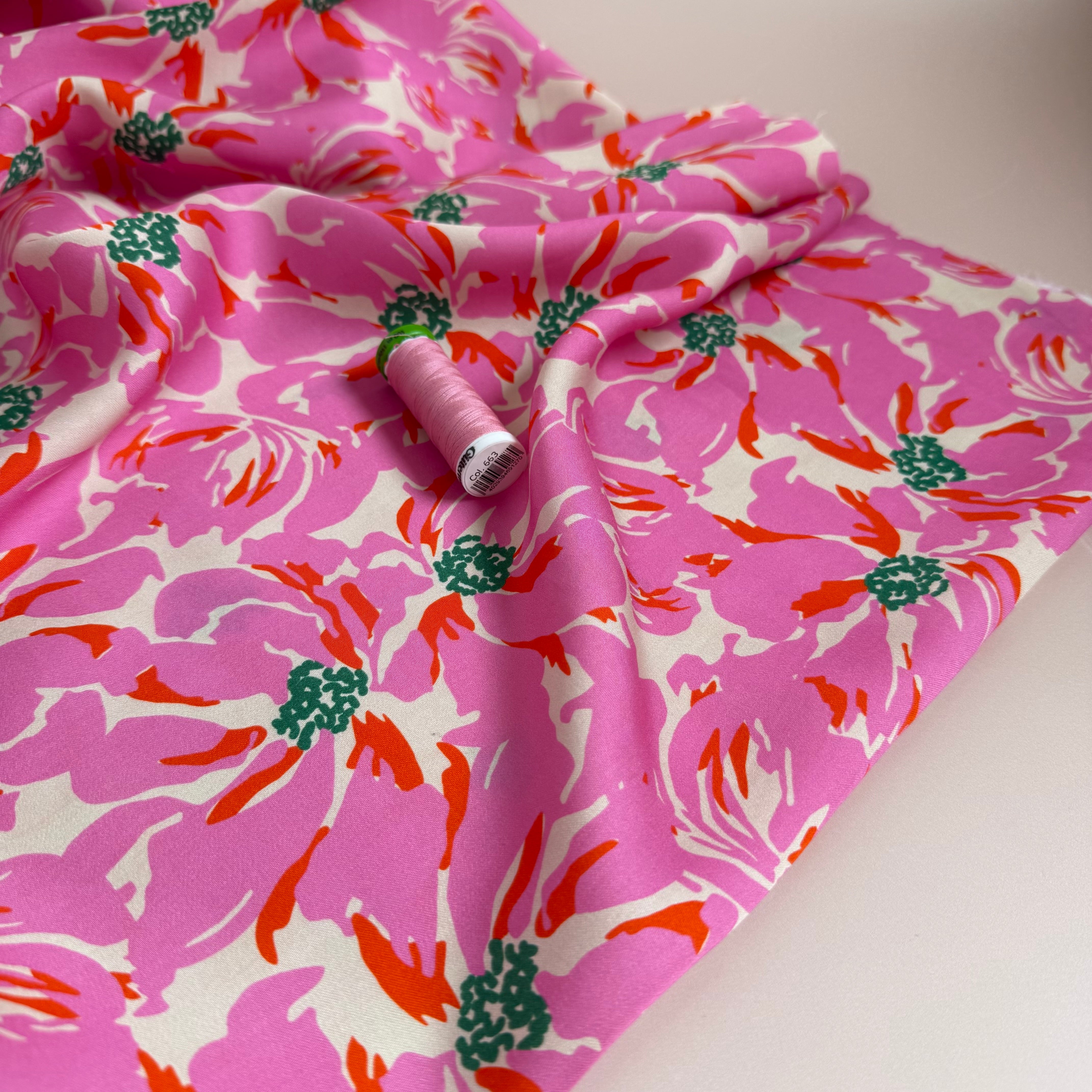 Painted Pink Flowers Lyocell Sateen Fabric