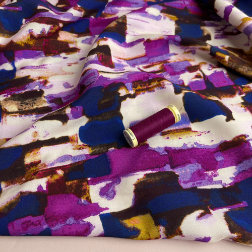 REMNANT 1.52 Metres - Abstract Smudges Purple Viscose Fabric