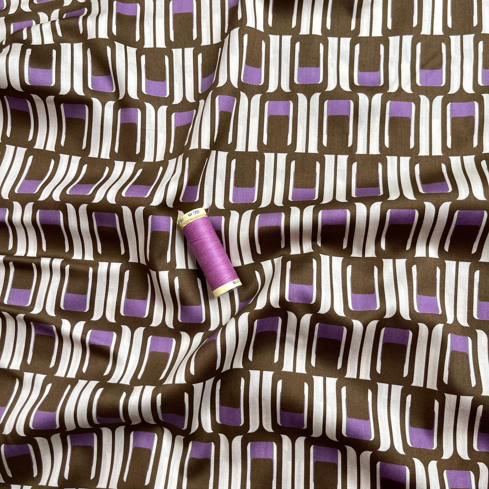 Deadstock Brown and Purple Geo Cotton Sateen Fabric