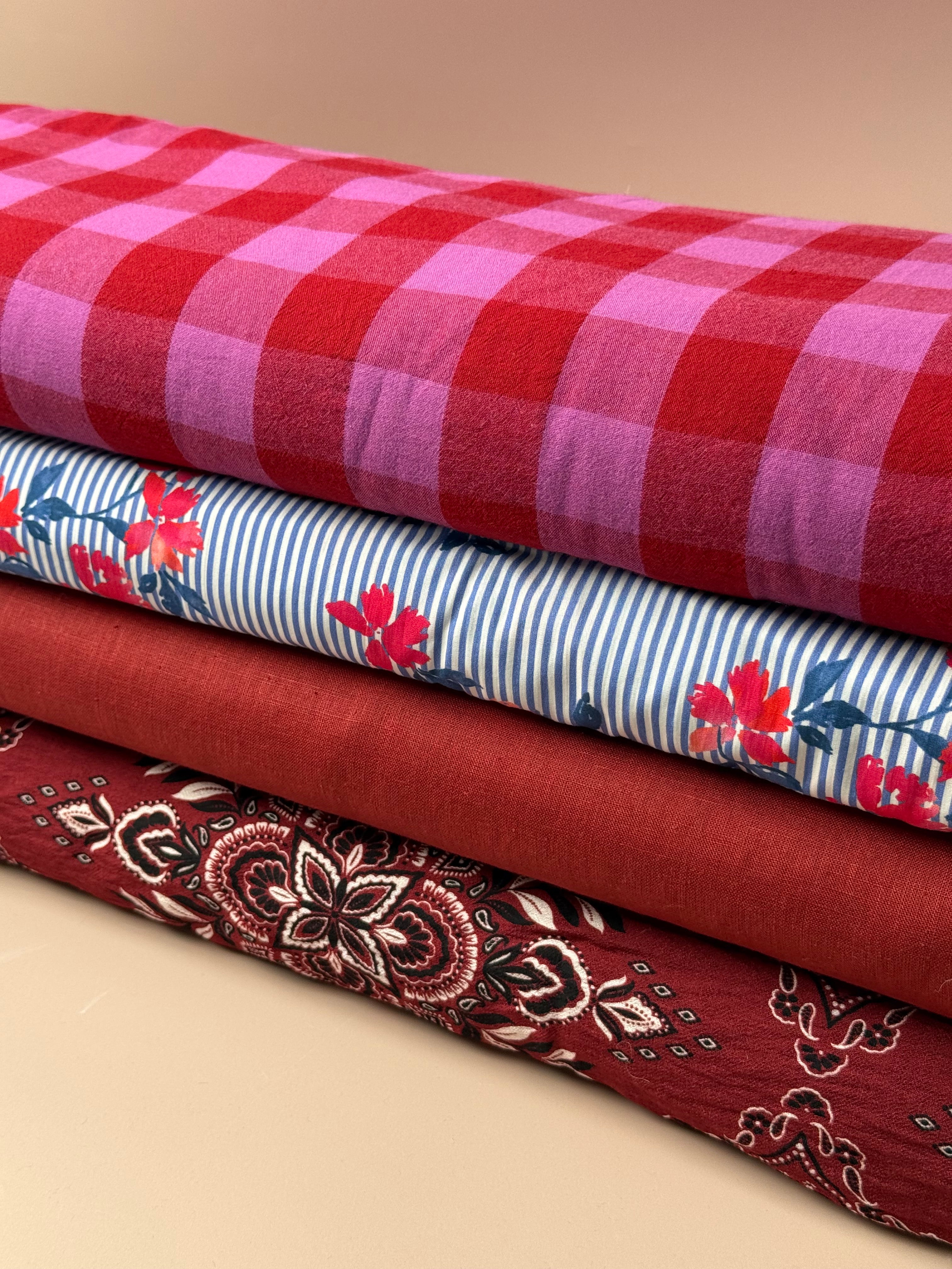 Yarn Dyed Washed Cotton Check Fabric in Red and Fuchsia