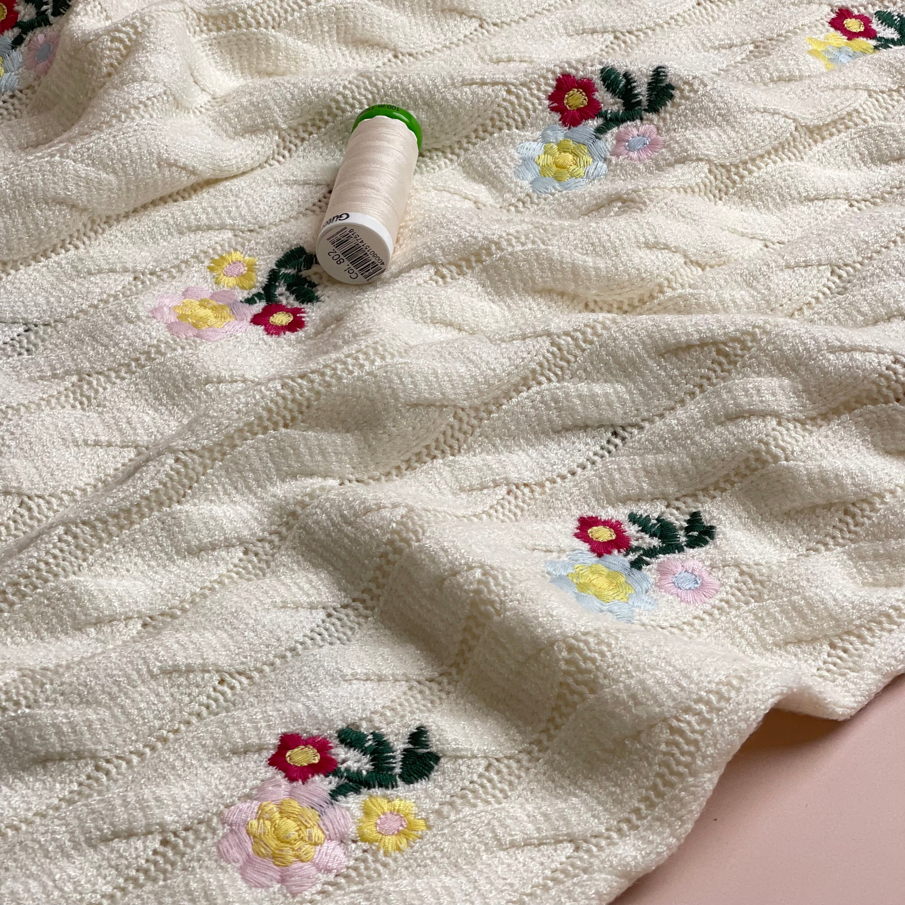 Embroidered Floral Nordic Cable Knit in Ecru