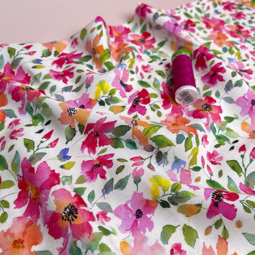 Magenta Spring Blossoms Viscose Fabric