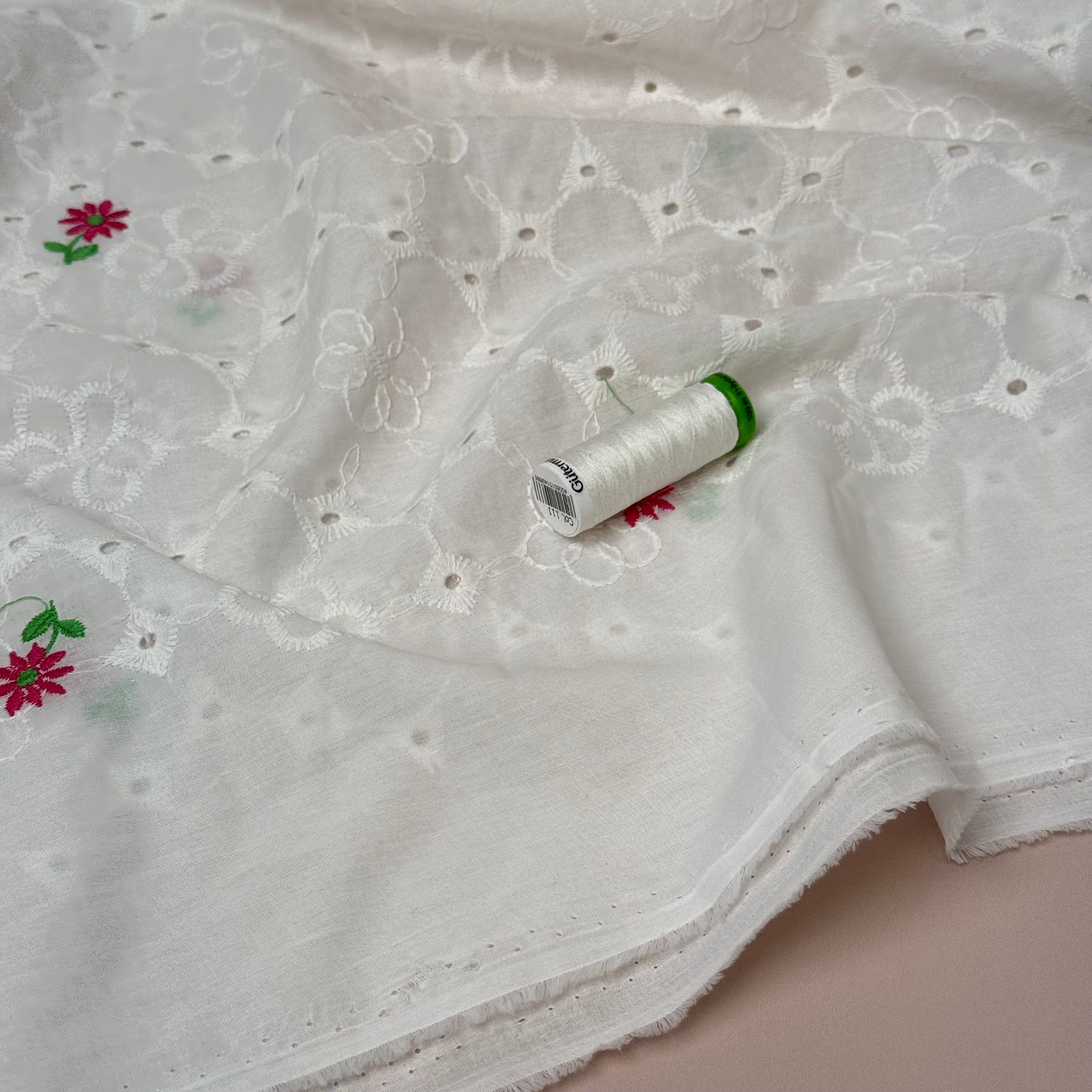 Embroidered Asters White Cotton Voile Fabric