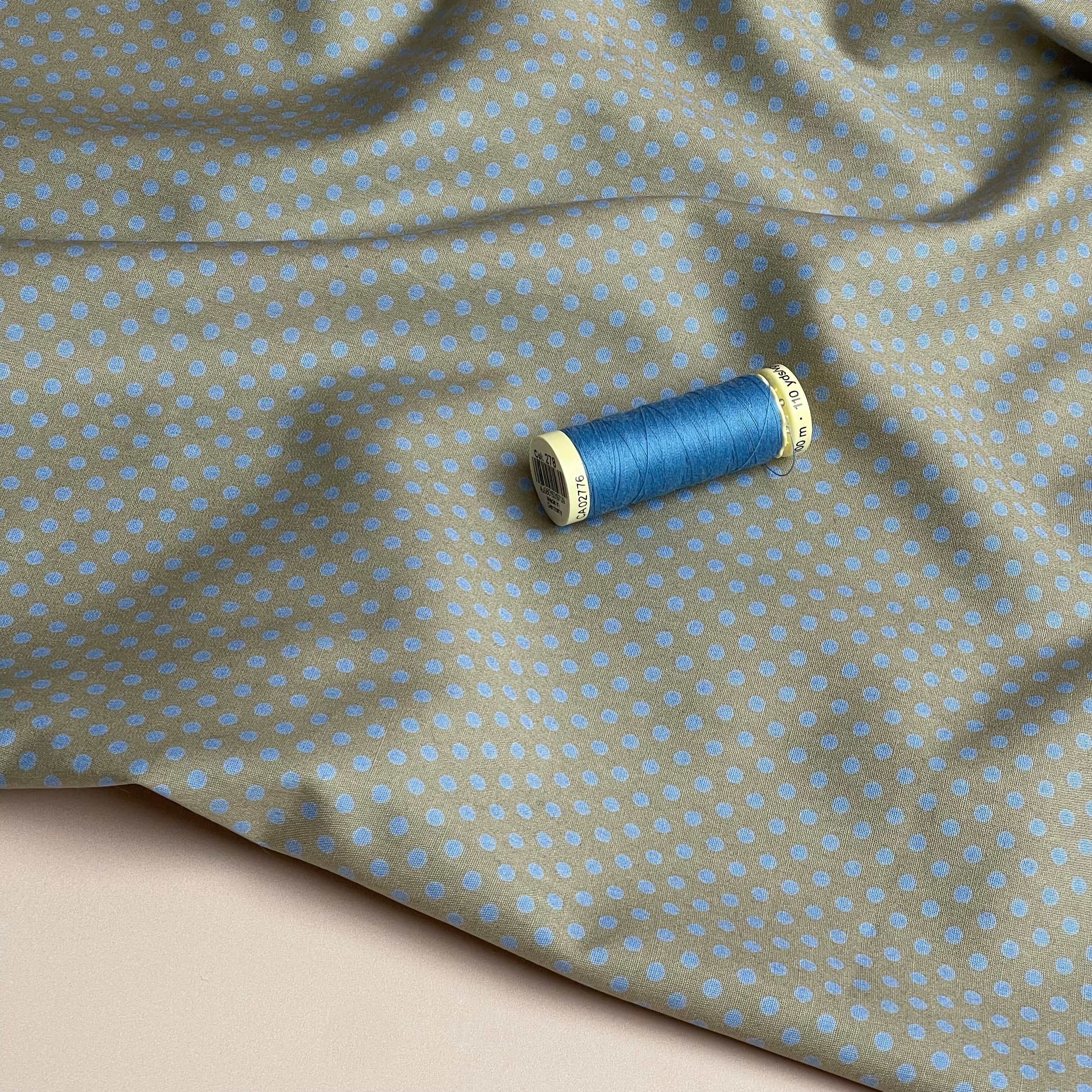 Blue Polka Dots on Grey Cotton Poplin Fabric