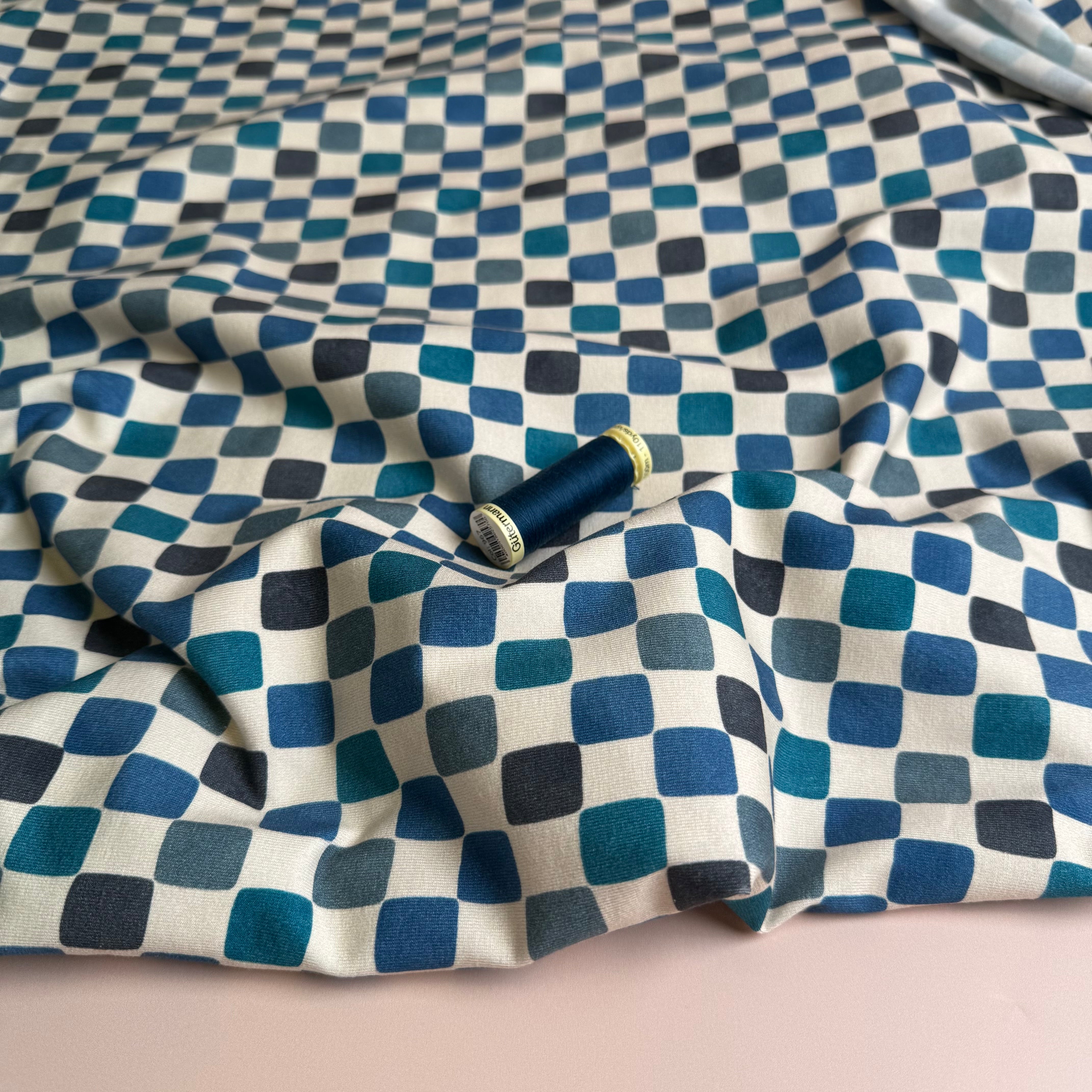 Checkers Blue Cotton Jersey Fabric