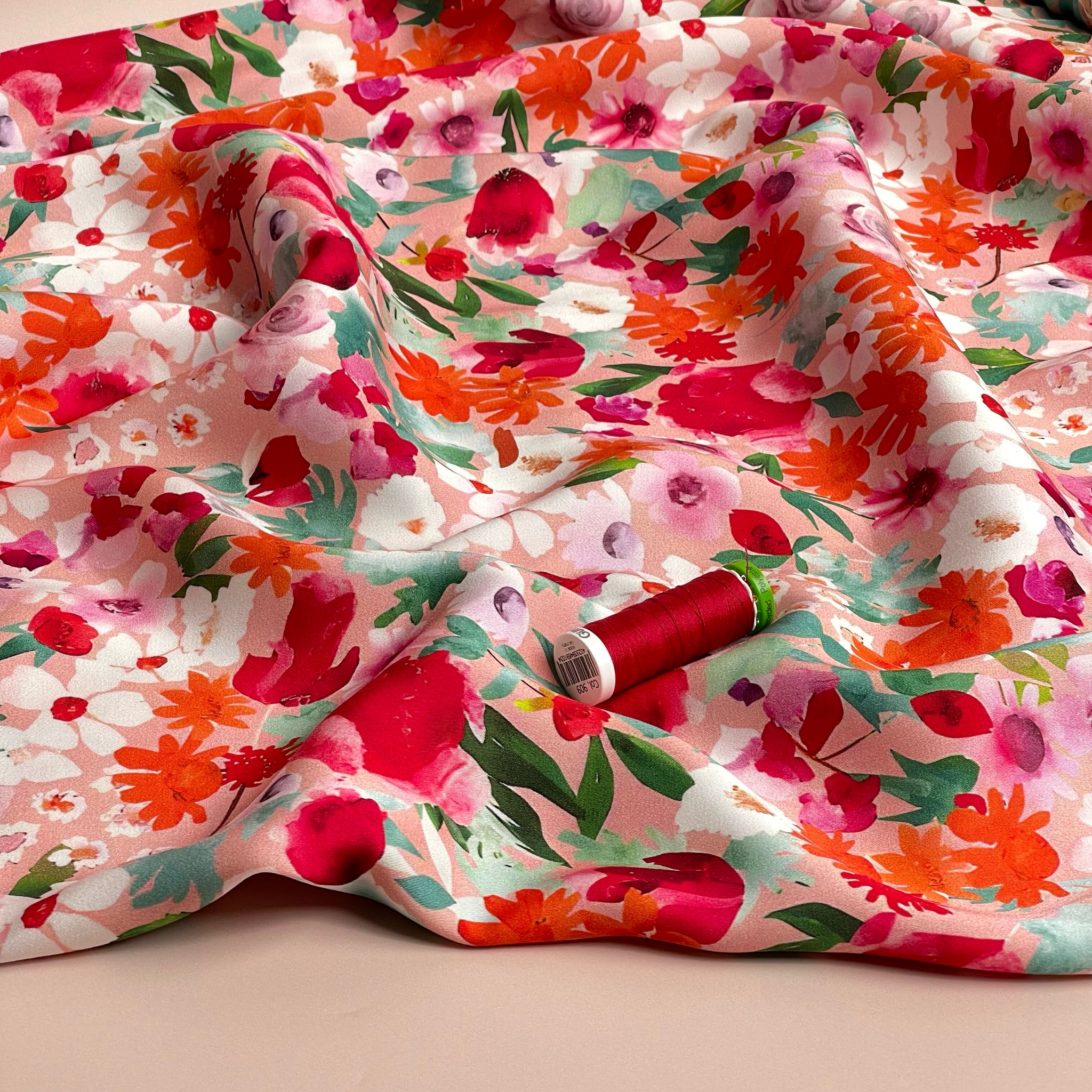 Painted Pink Meadow Viscose Sateen Fabric