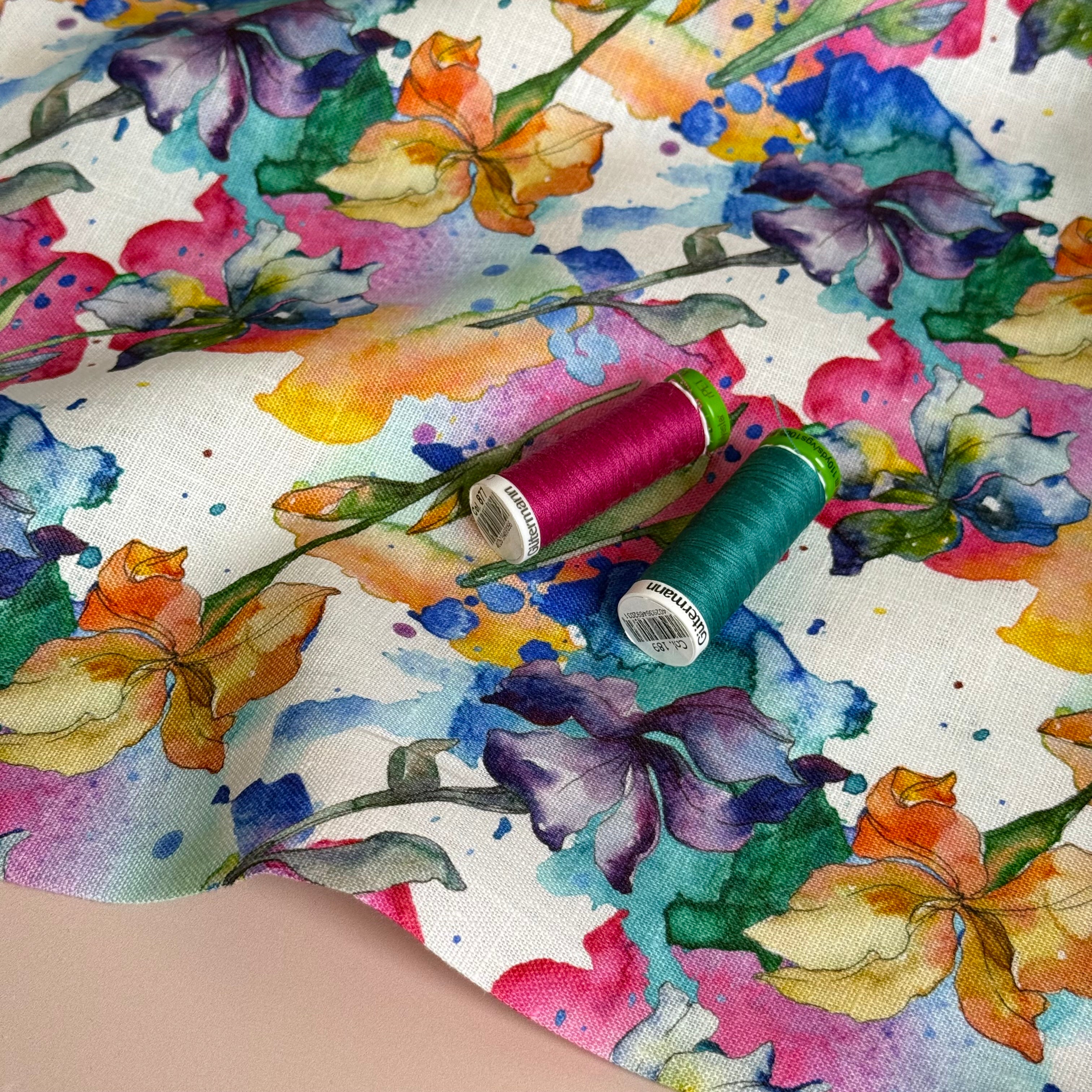 Watercolour Flowers Pure Linen Fabric